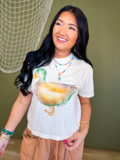 Mallard Muse Cropped Graphic Tee - Ivory - Lace and Grace Boutique