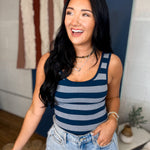 Striped Sleeveless Padded Knit Tank Top - Navy - Lace and Grace Boutique