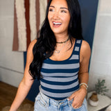 Striped Sleeveless Padded Knit Tank Top - Navy - Lace and Grace Boutique