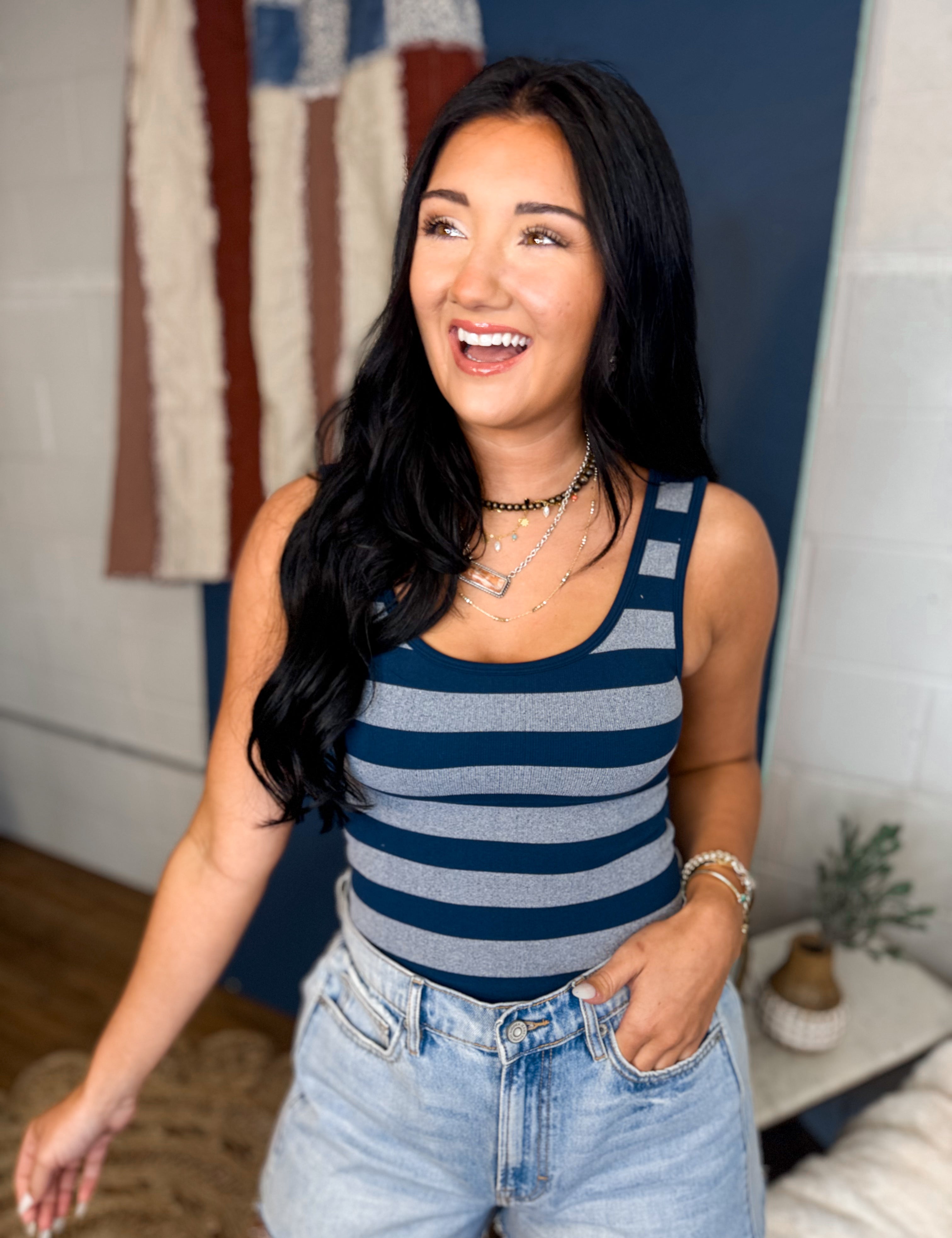 Striped Sleeveless Padded Knit Tank Top - Navy - Lace and Grace Boutique