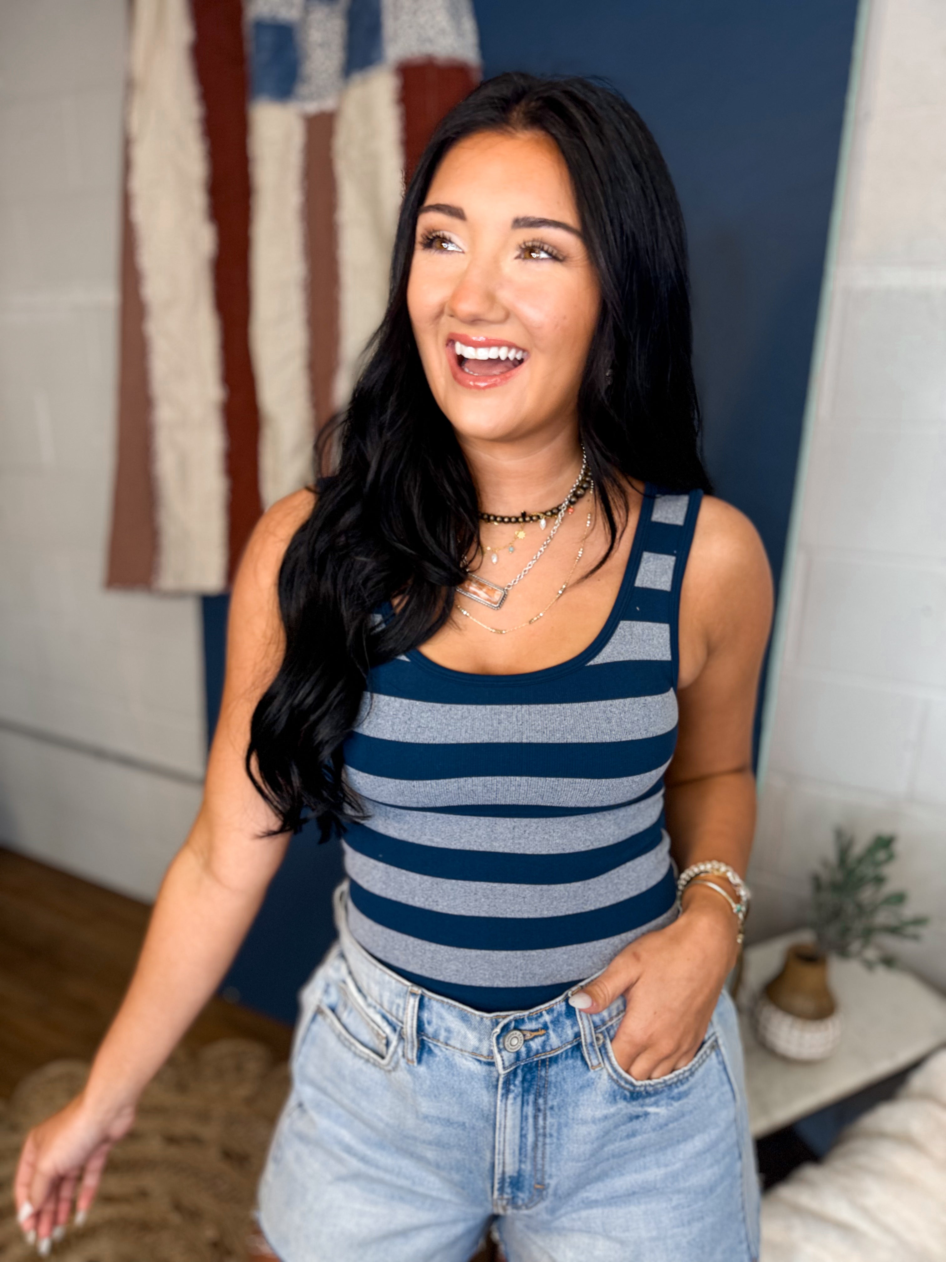 Striped Sleeveless Padded Knit Tank Top - Navy - Lace and Grace Boutique