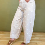 Polka Dot Barrel Wide Leg Denim Pants - Taupe/Ivory - Lace and Grace Boutique