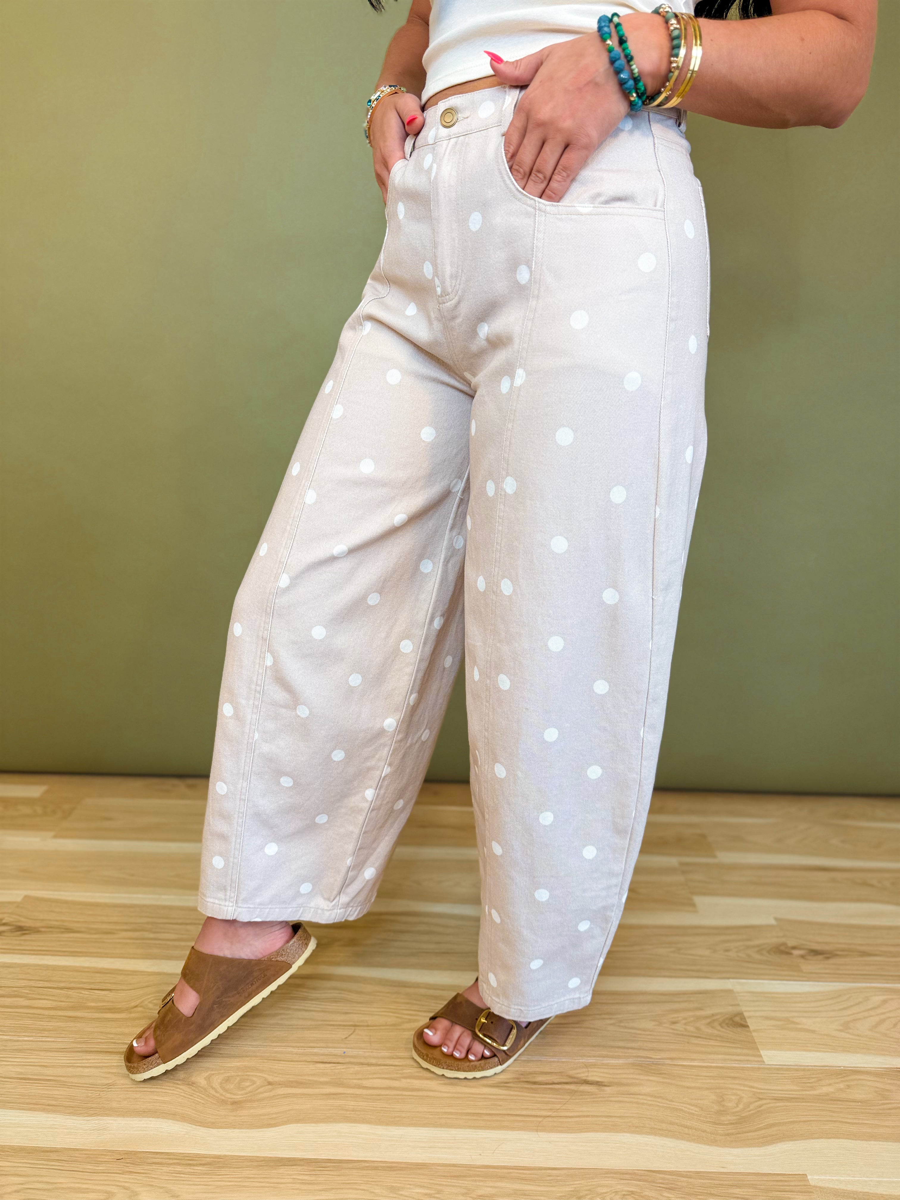 Polka Dot Barrel Wide Leg Denim Pants - Taupe/Ivory - Lace and Grace Boutique