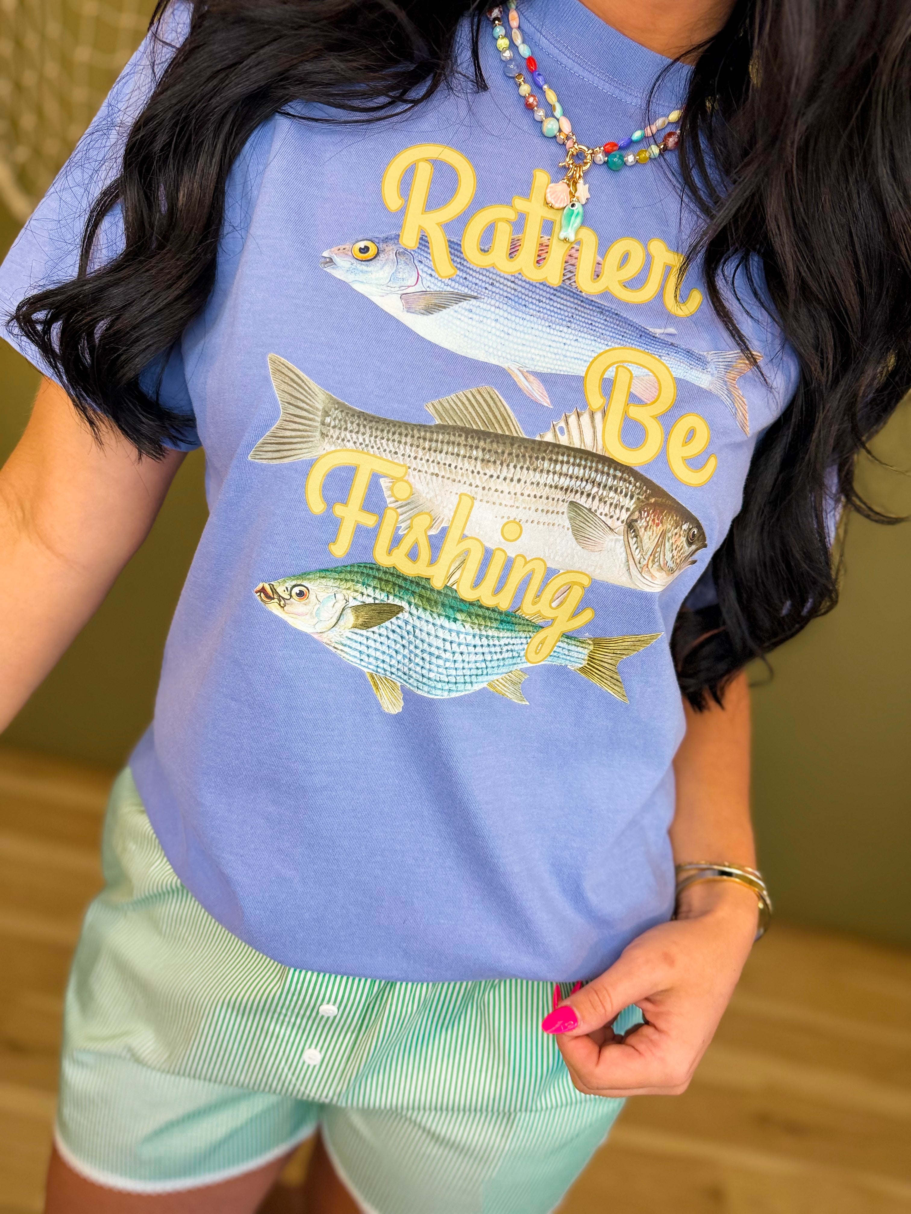 Rather Be Fishing Graphic Tee - Blue - Lace and Grace Boutique