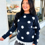 Polka Dot Print Eyelet Lace Trim Knit Sweater - Navy