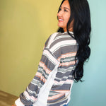 Waffle Knit Striped Front Button Top - Cream/Charcoal - Lace and Grace Boutique
