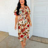 Autumn Blooms Floral Smocked Midi Dress - Ivory