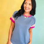 Ribbed Color Block Top - Denim Blue - Lace and Grace Boutique