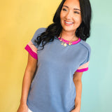 Ribbed Color Block Top - Denim Blue - Lace and Grace Boutique