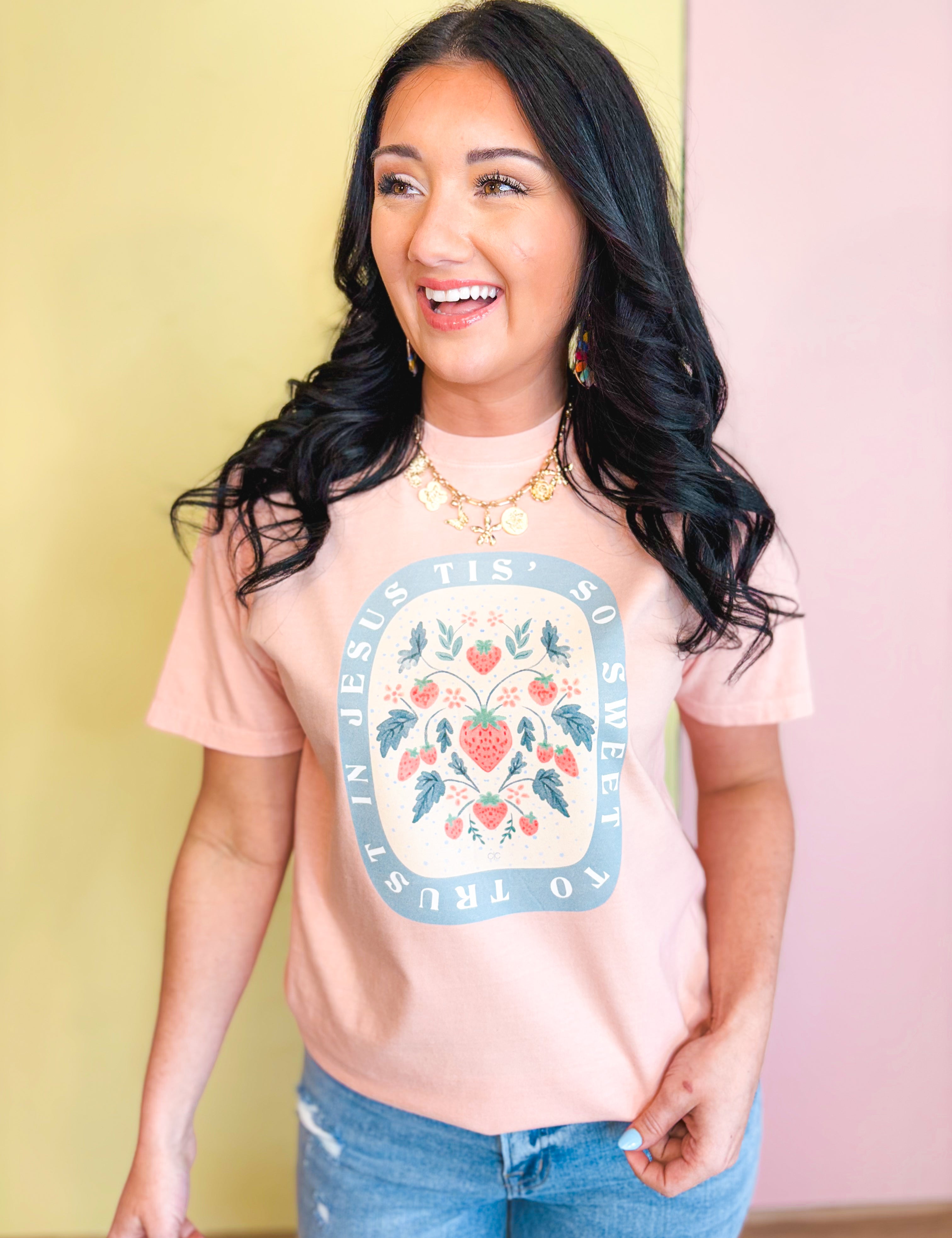 Tis So Sweet To Trust In Jesus Tee - Peach - Lace and Grace Boutique