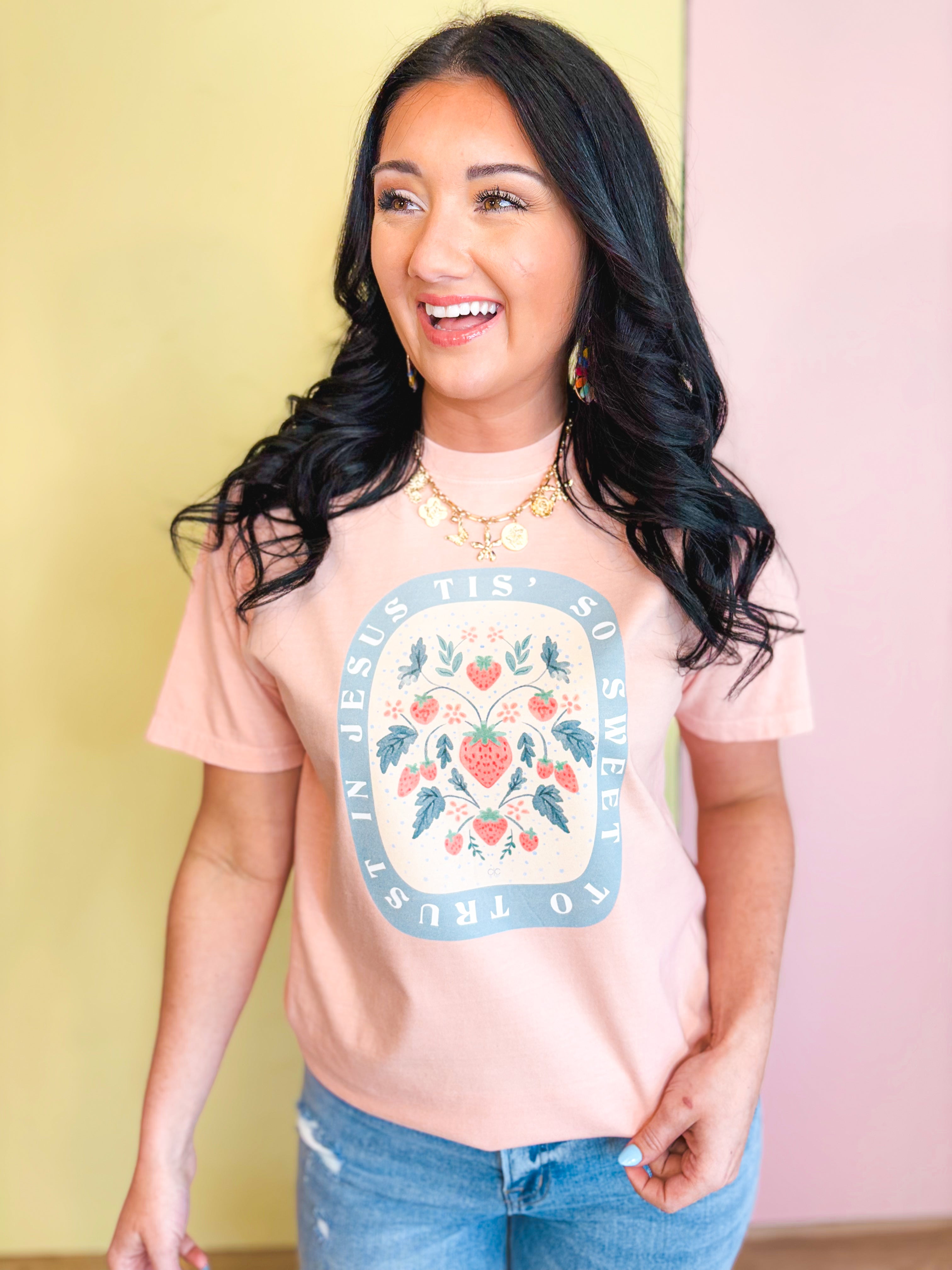 Tis So Sweet To Trust In Jesus Tee - Peach - Lace and Grace Boutique