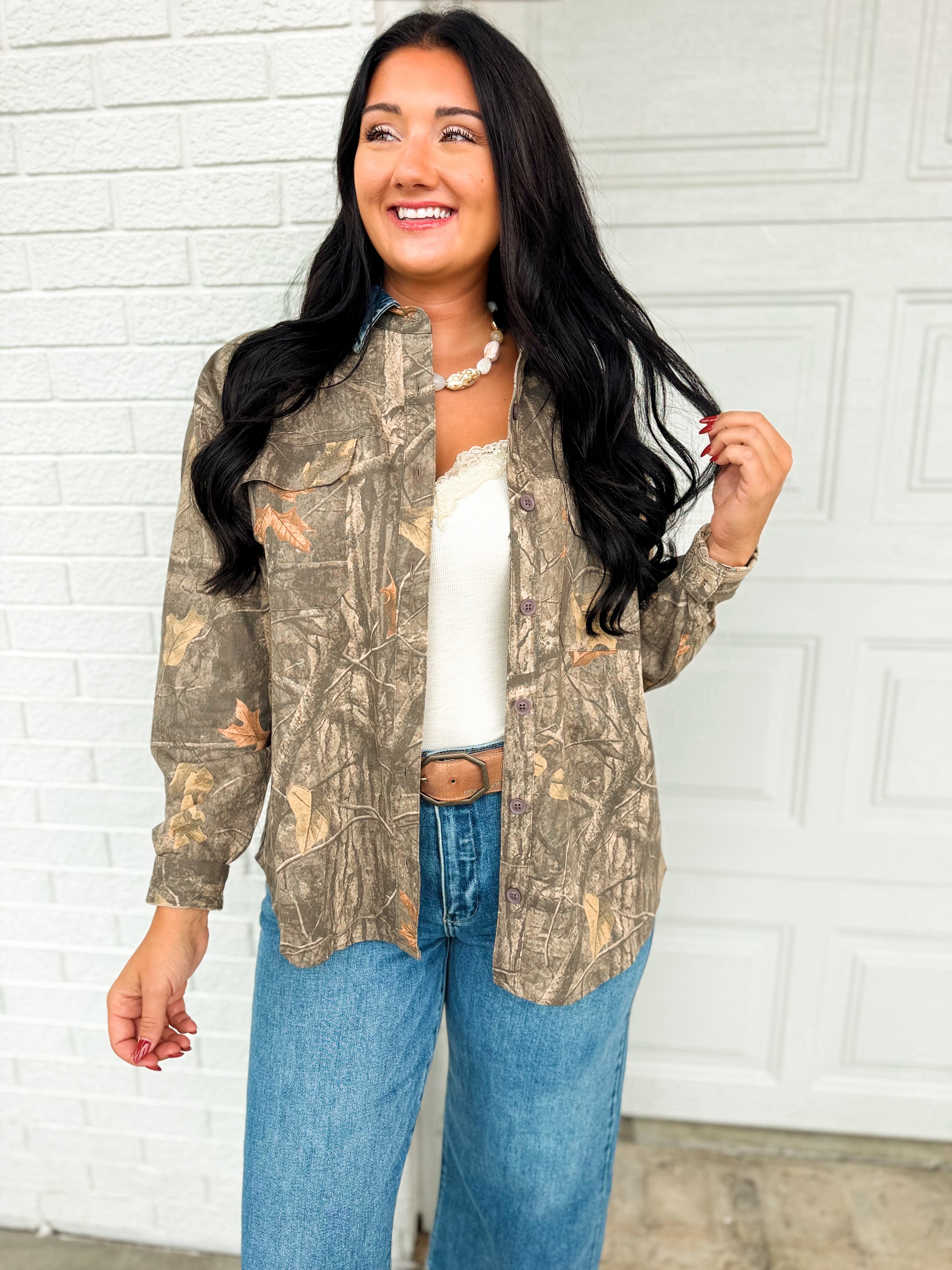 Camo Print Denim Collar Button Up Shacket - Grey Multi - Lace and Grace Boutique