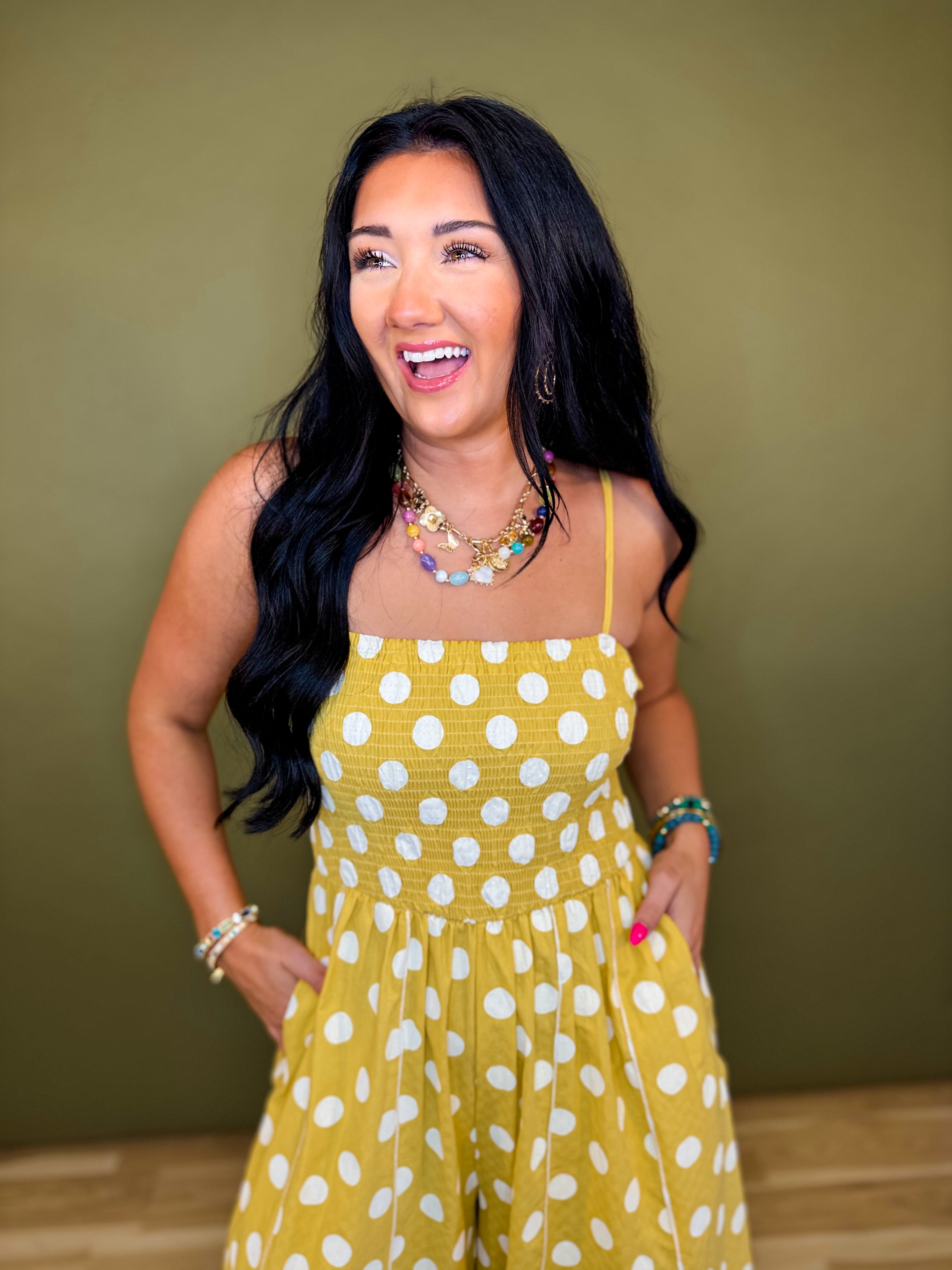 Polka Dot Print Smocked Detail Jumpsuit - Yellow - Lace and Grace Boutique