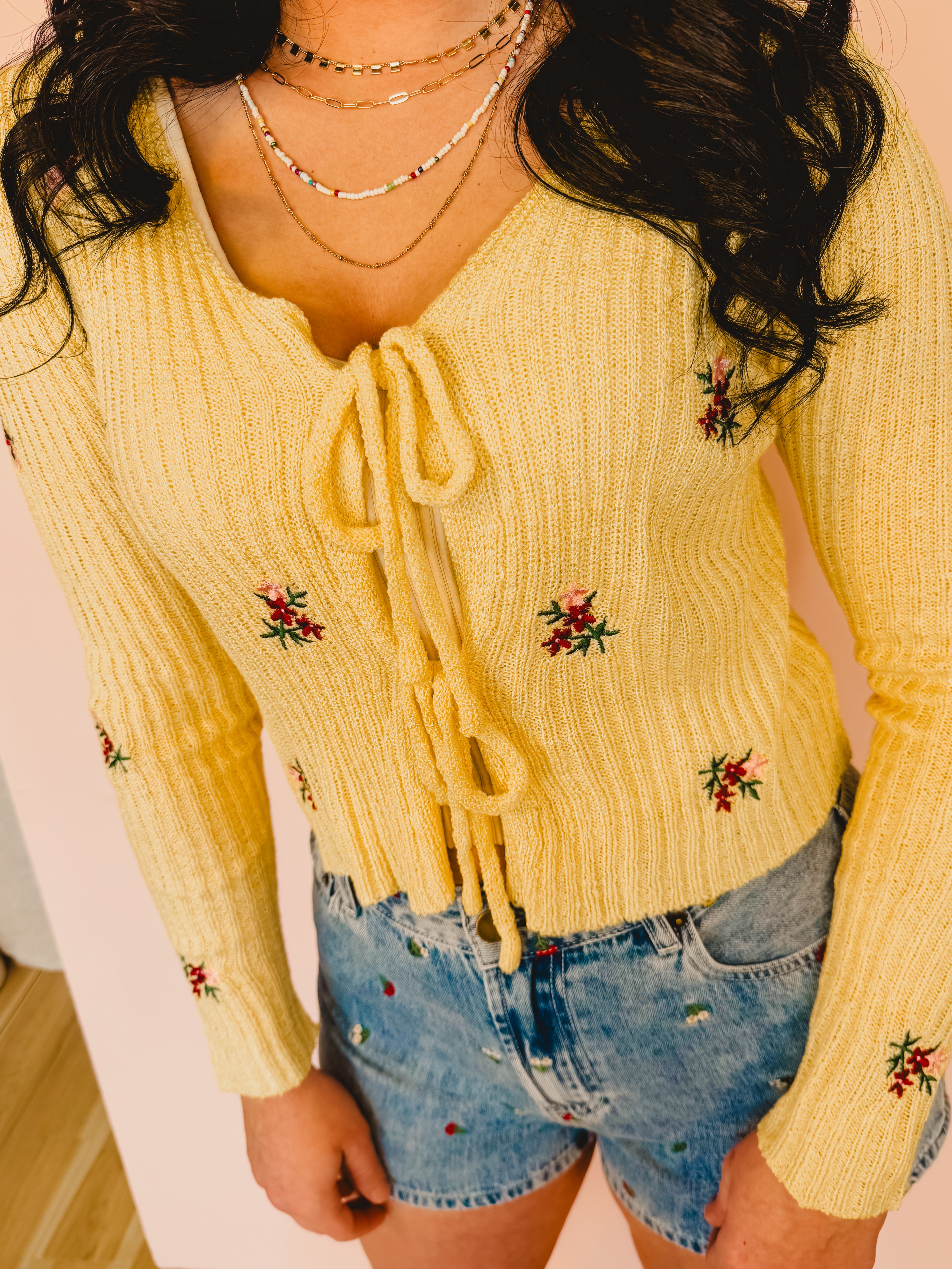 Embroidered Front Tie Cardigan - Butter - Lace and Grace Boutique