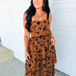 Floral Flocked Tiered Midi Dress - Dark Caramel - Lace and Grace Boutique