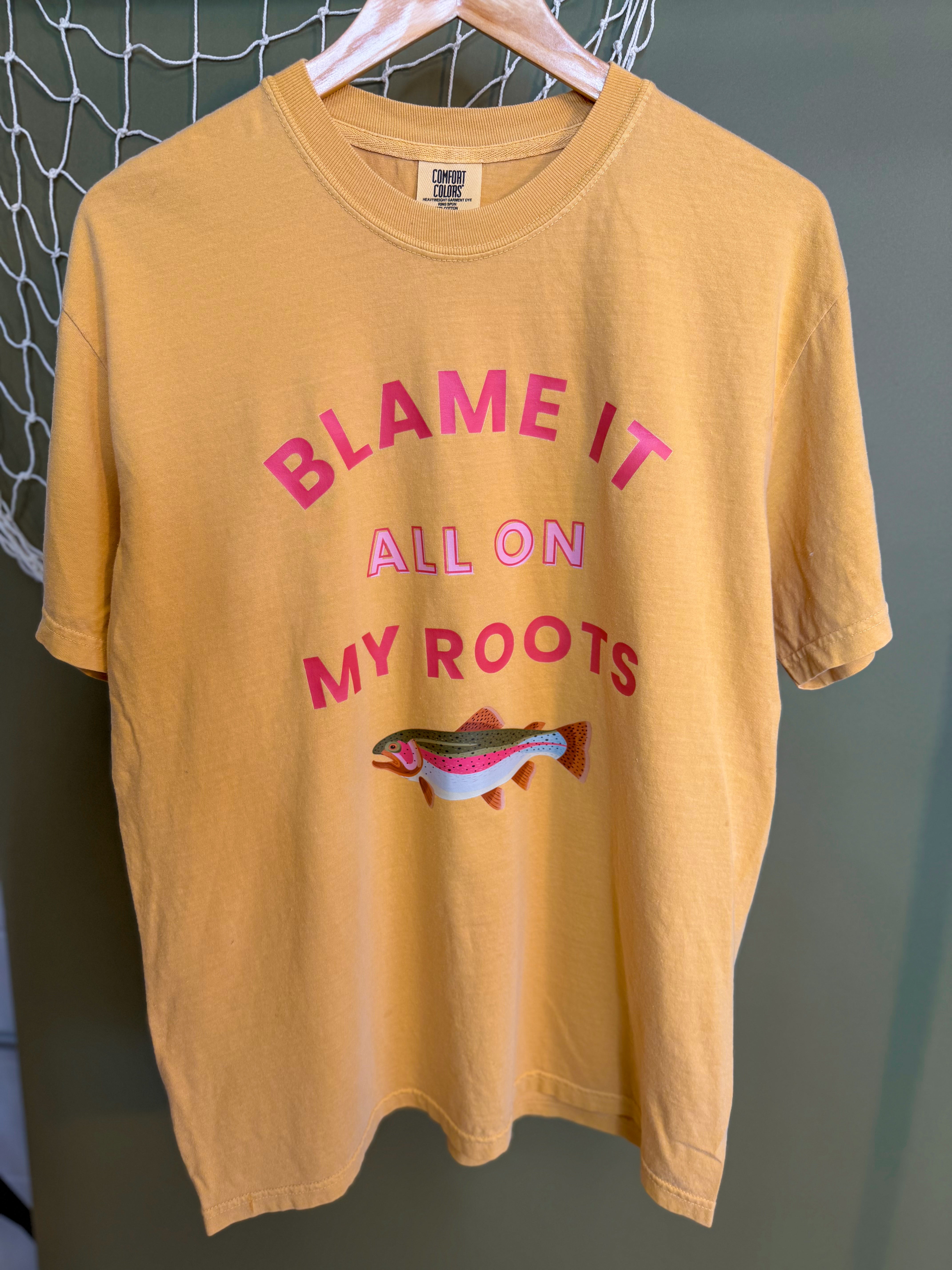 Blame It All On My Roots Trout Graphic Tee - Mustard - Lace and Grace Boutique