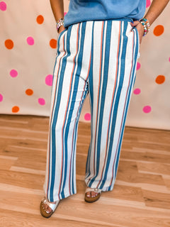 Desert Breeze Casual Striped Pants - Denim/Vintage Red - Lace and Grace Boutique