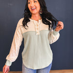 Two Tone Ribbed Knit Lace Detail Henley Top - Sage - Lace and Grace Boutique
