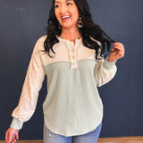 Two Tone Ribbed Knit Lace Detail Henley Top - Sage - Lace and Grace Boutique