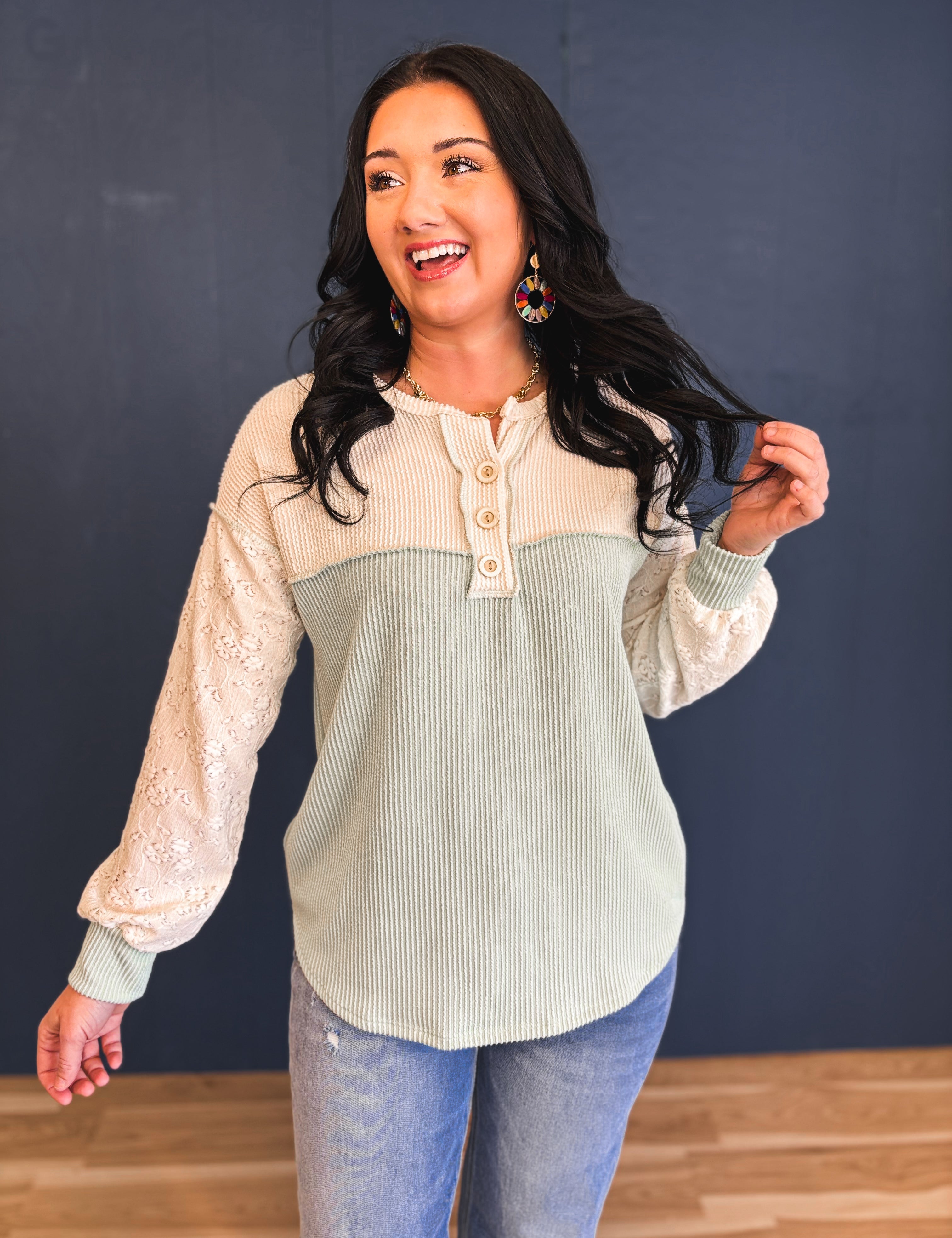 Two Tone Ribbed Knit Lace Detail Henley Top - Sage - Lace and Grace Boutique