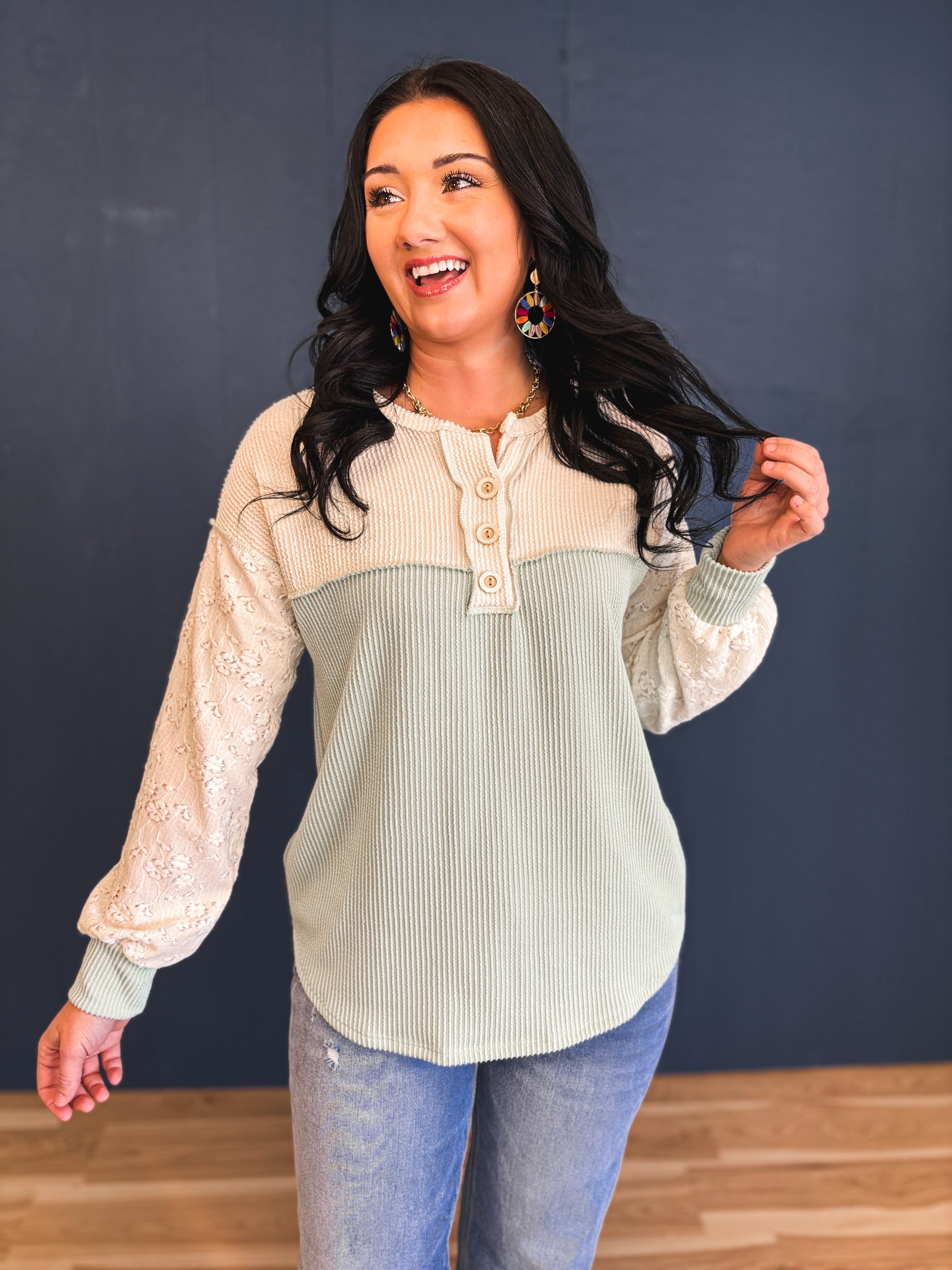 Two Tone Ribbed Knit Lace Detail Henley Top - Sage - Lace and Grace Boutique