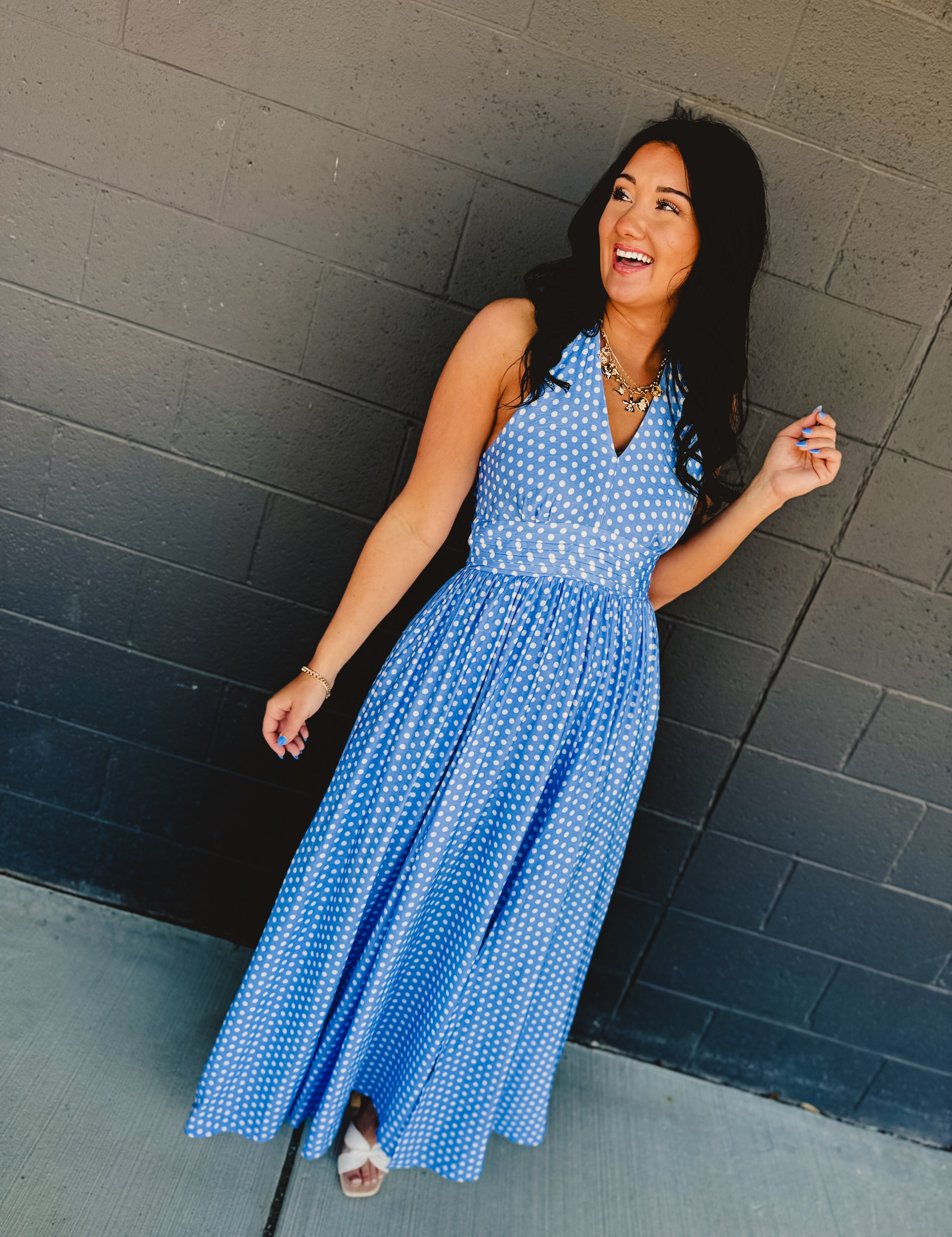 Polka Dot Halter Maxi Dress - Airy Blue - Lace and Grace Boutique