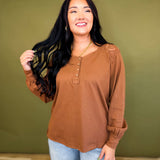 Crochet Lace Button Detail Henley Top - Leathered Bark