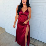 Satin Open Back Padded Maxi Dress - Sangria
