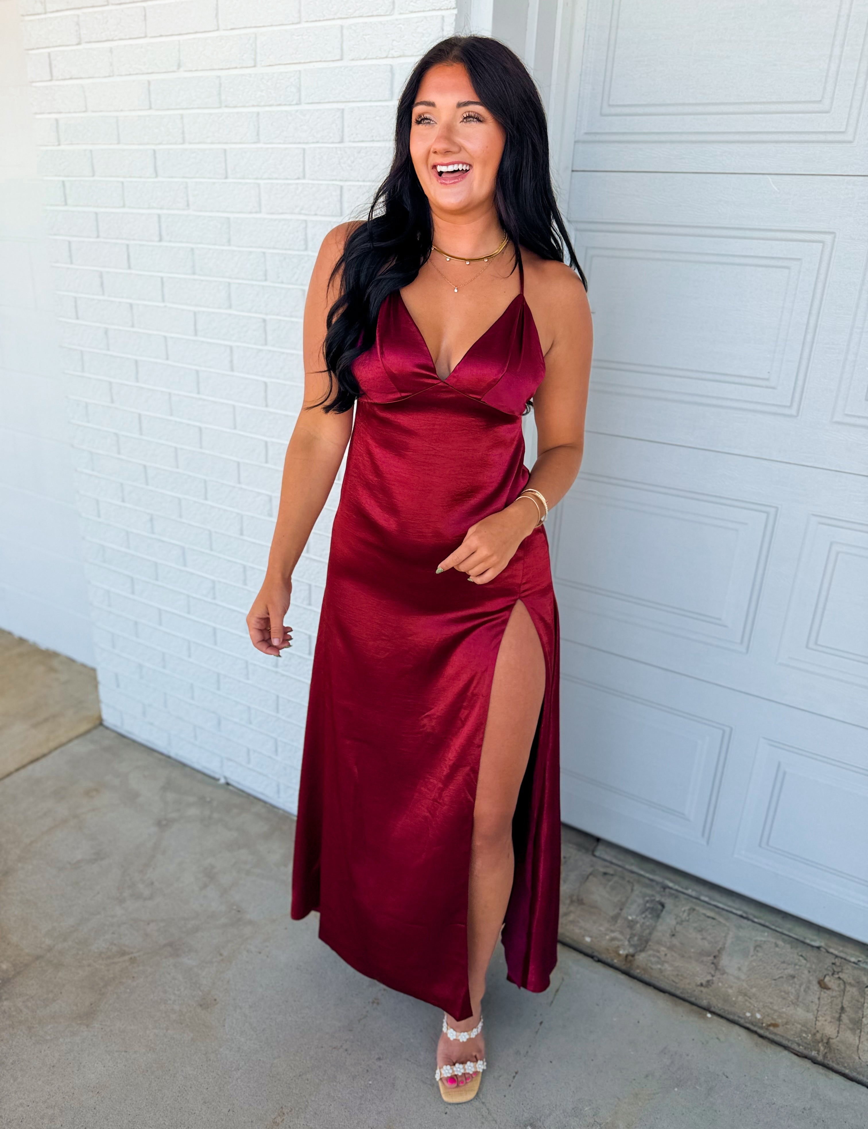Satin Open Back Padded Maxi Dress - Sangria - Lace and Grace Boutique