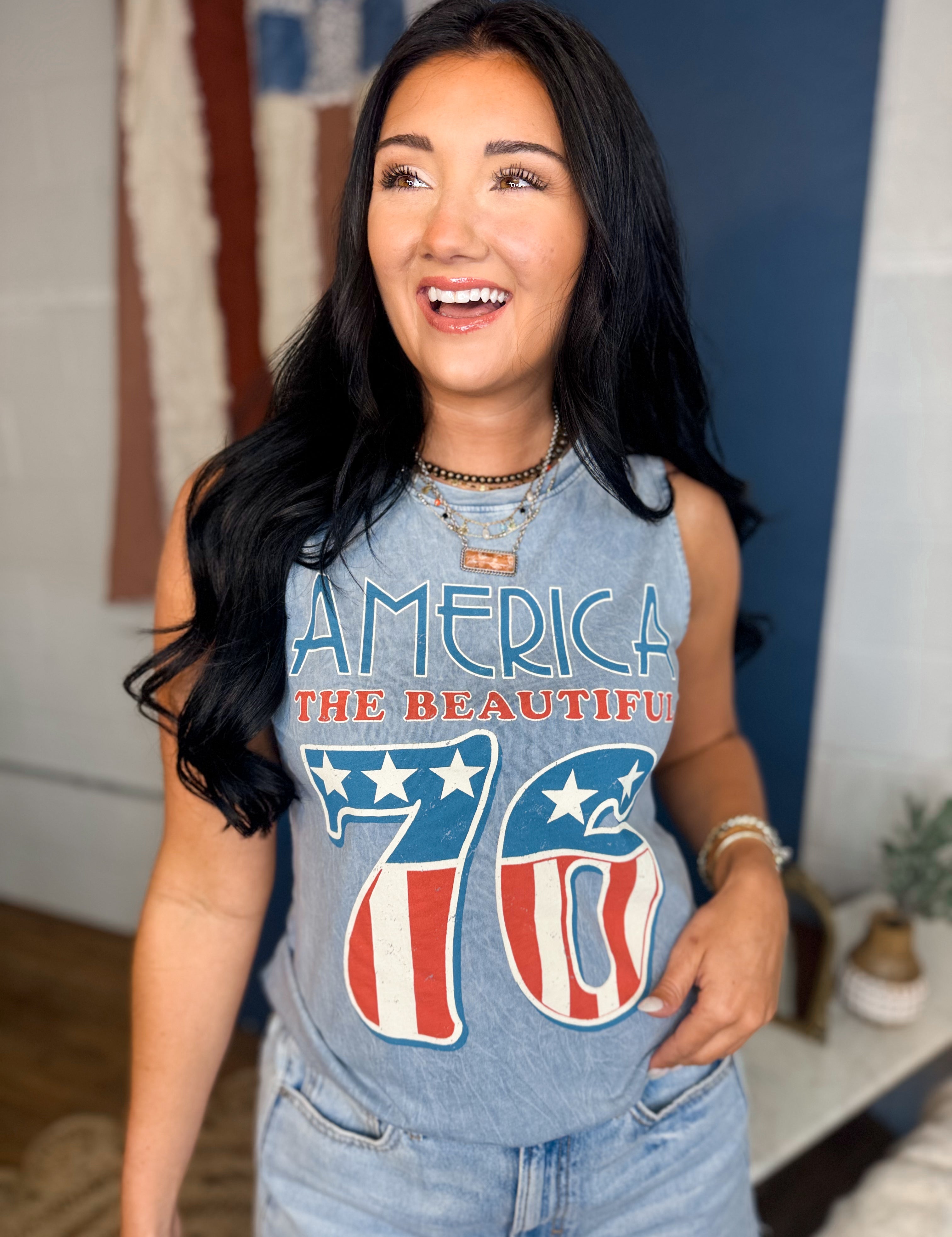 America 76 Graphic Tank Top - Mineral Vintage Blue - Lace and Grace Boutique