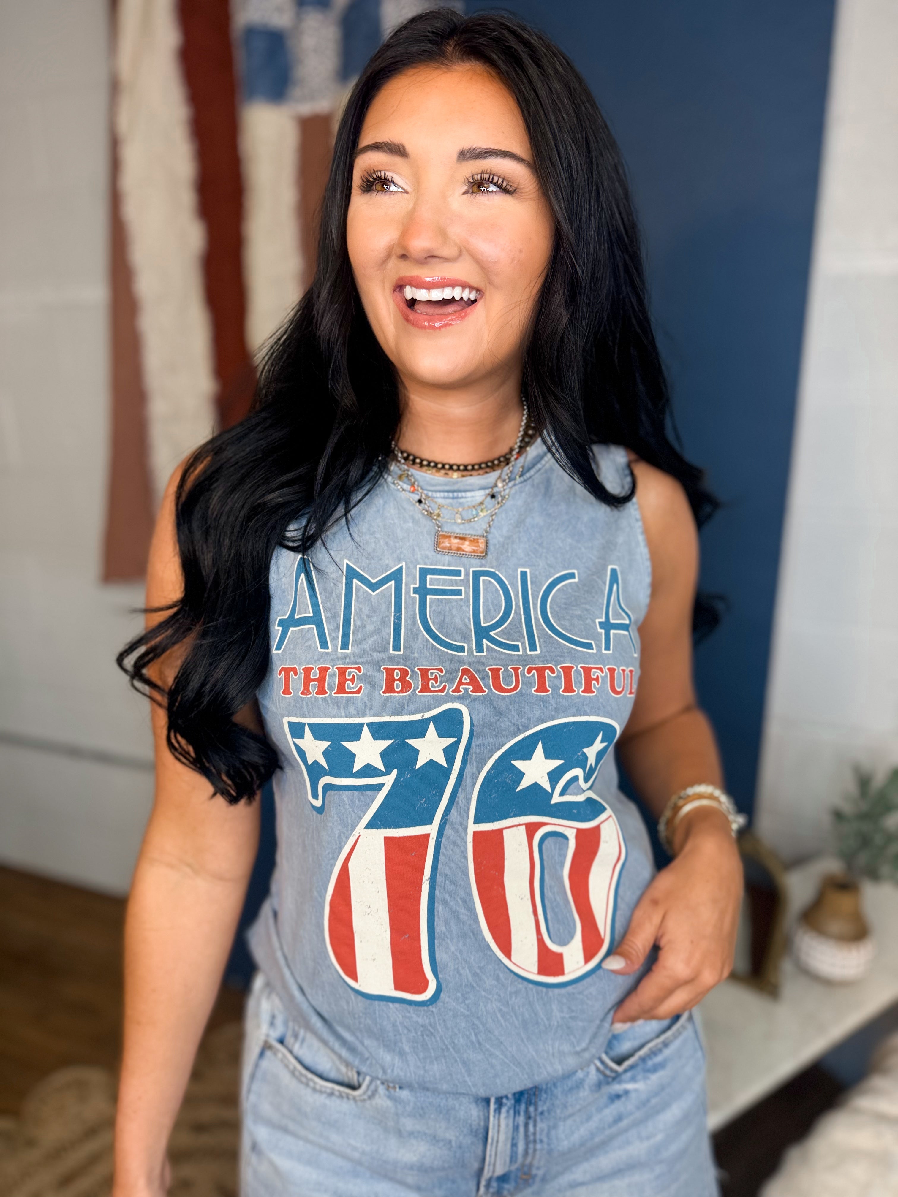 America 76 Graphic Tank Top - Mineral Vintage Blue - Lace and Grace Boutique
