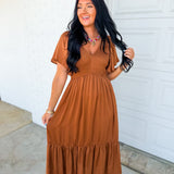 Smocked Washed Satin Tiered Maxi Dress - Sepia
