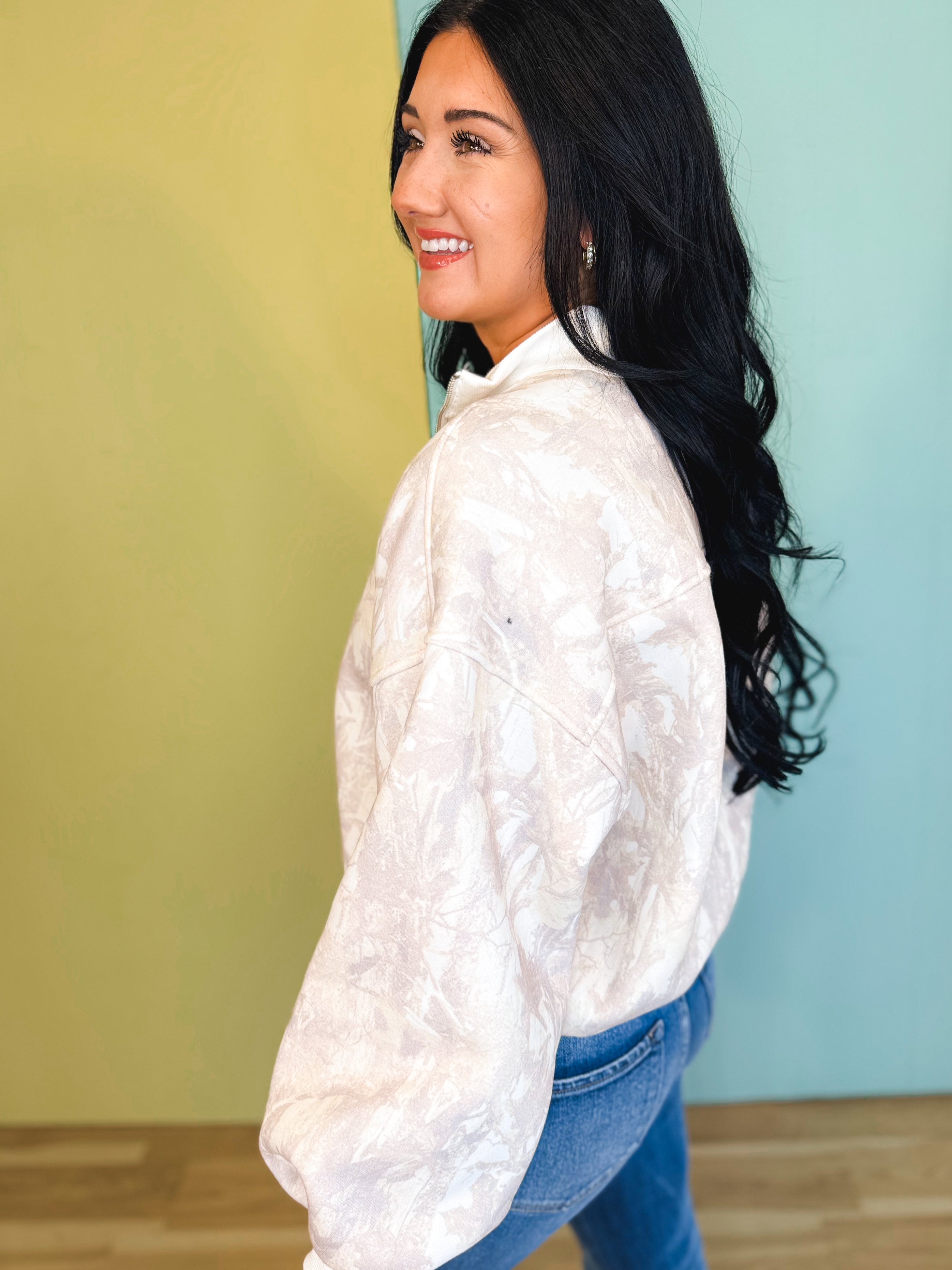 Camo Half Zip Collared Pullover - Lace and Grace Boutique