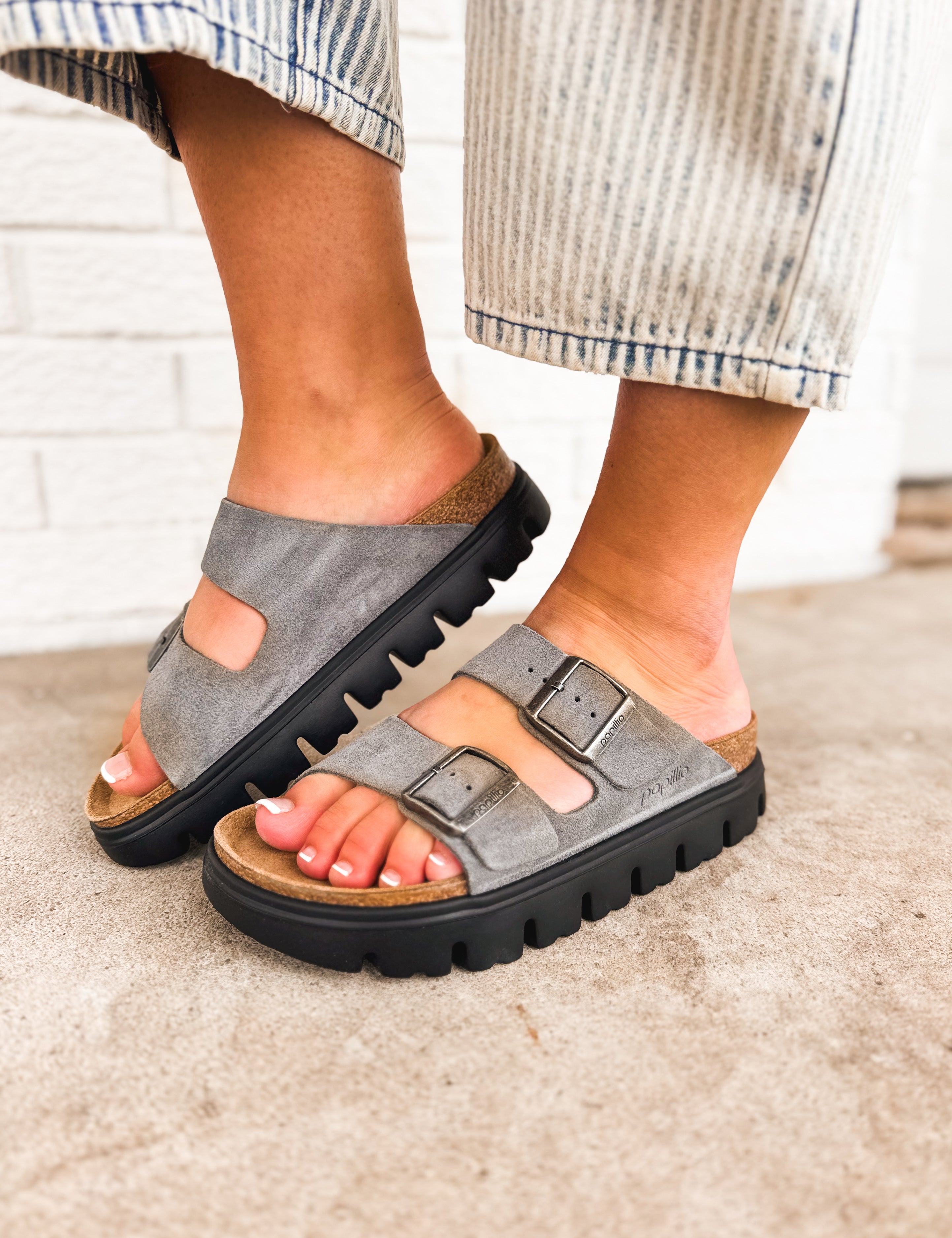 Birkenstock Arizona Pap Chunky Suede Leather Sandal - Basalt Gray/Black - Lace and Grace Boutique
