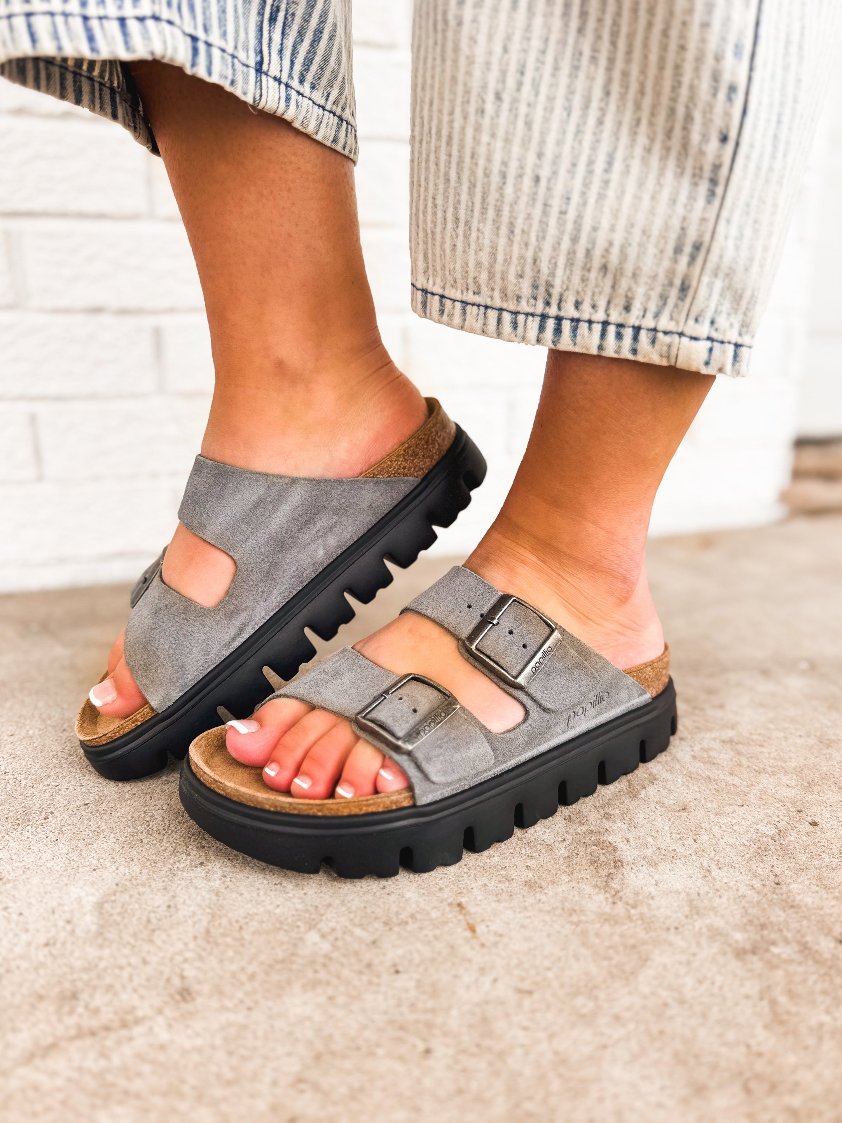 Birkenstock Arizona Pap Chunky Suede Leather Sandal - Basalt Gray/Black - Lace and Grace Boutique