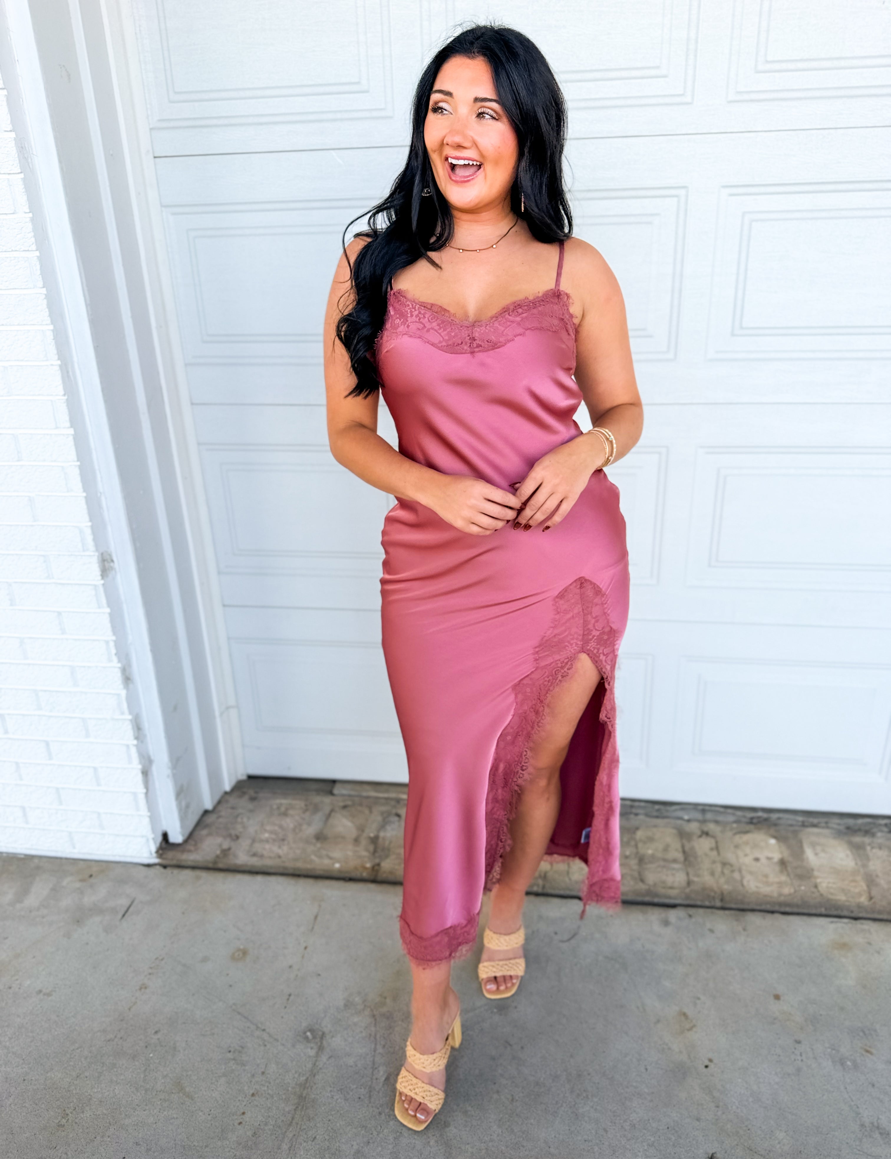 Lace Detail Side Slit Maxi Dress - Antique Rose - Lace and Grace Boutique
