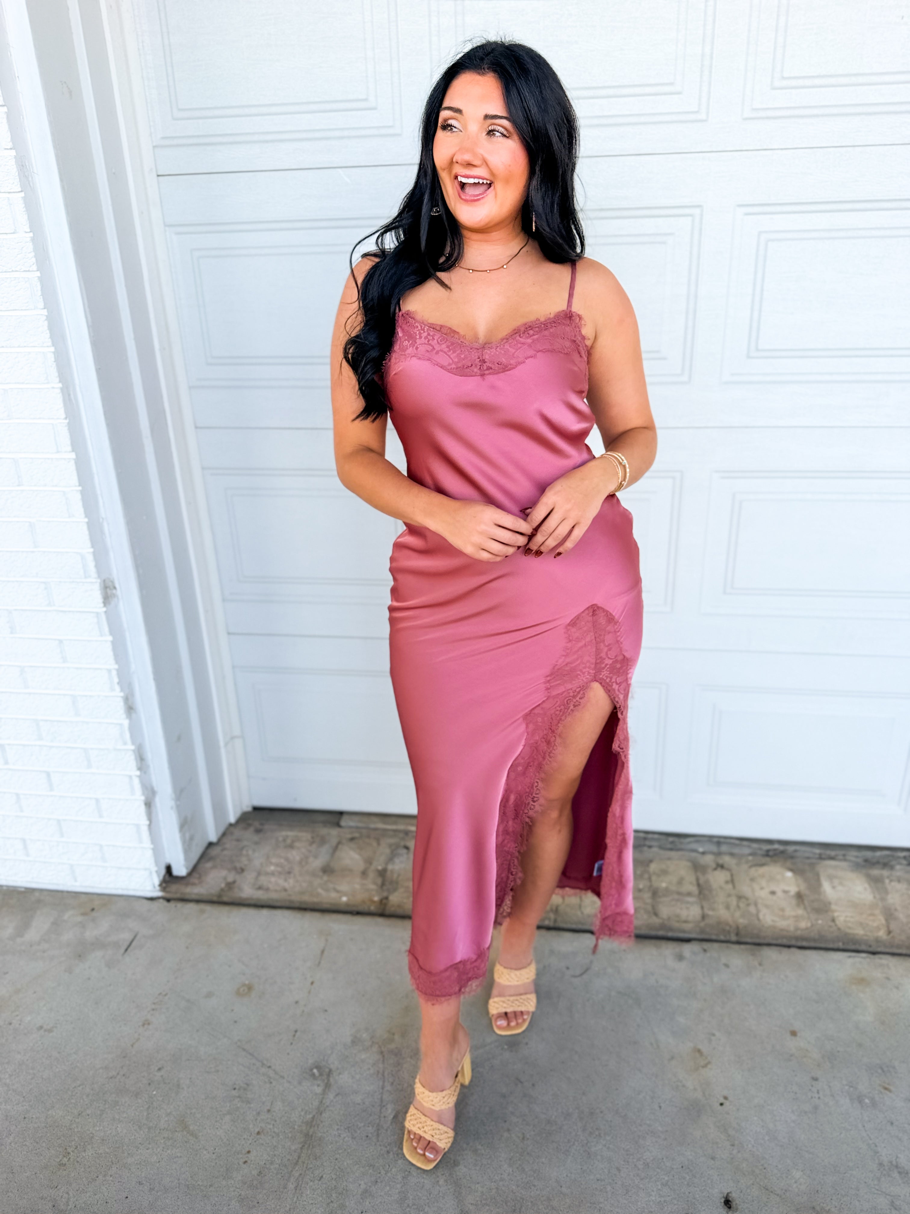 Lace Detail Side Slit Maxi Dress - Antique Rose - Lace and Grace Boutique