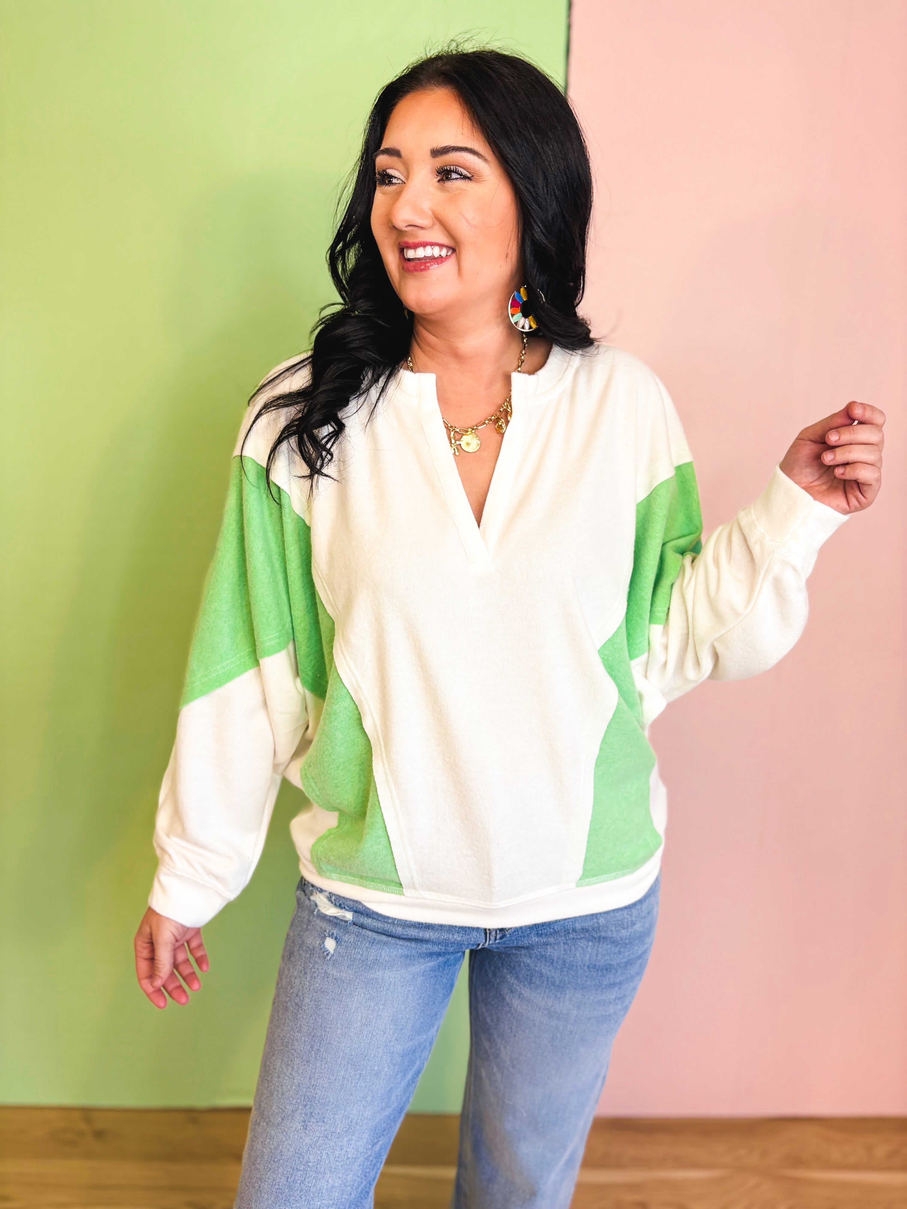 Oversized Colorblock Knit Top - Honeydew - Lace and Grace Boutique