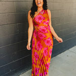 One Shoulder Asymmetrical Pleated Maxi Dress - Hibiscus Mango - Lace and Grace Boutique