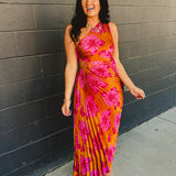 One Shoulder Asymmetrical Pleated Maxi Dress - Hibiscus Mango - Lace and Grace Boutique