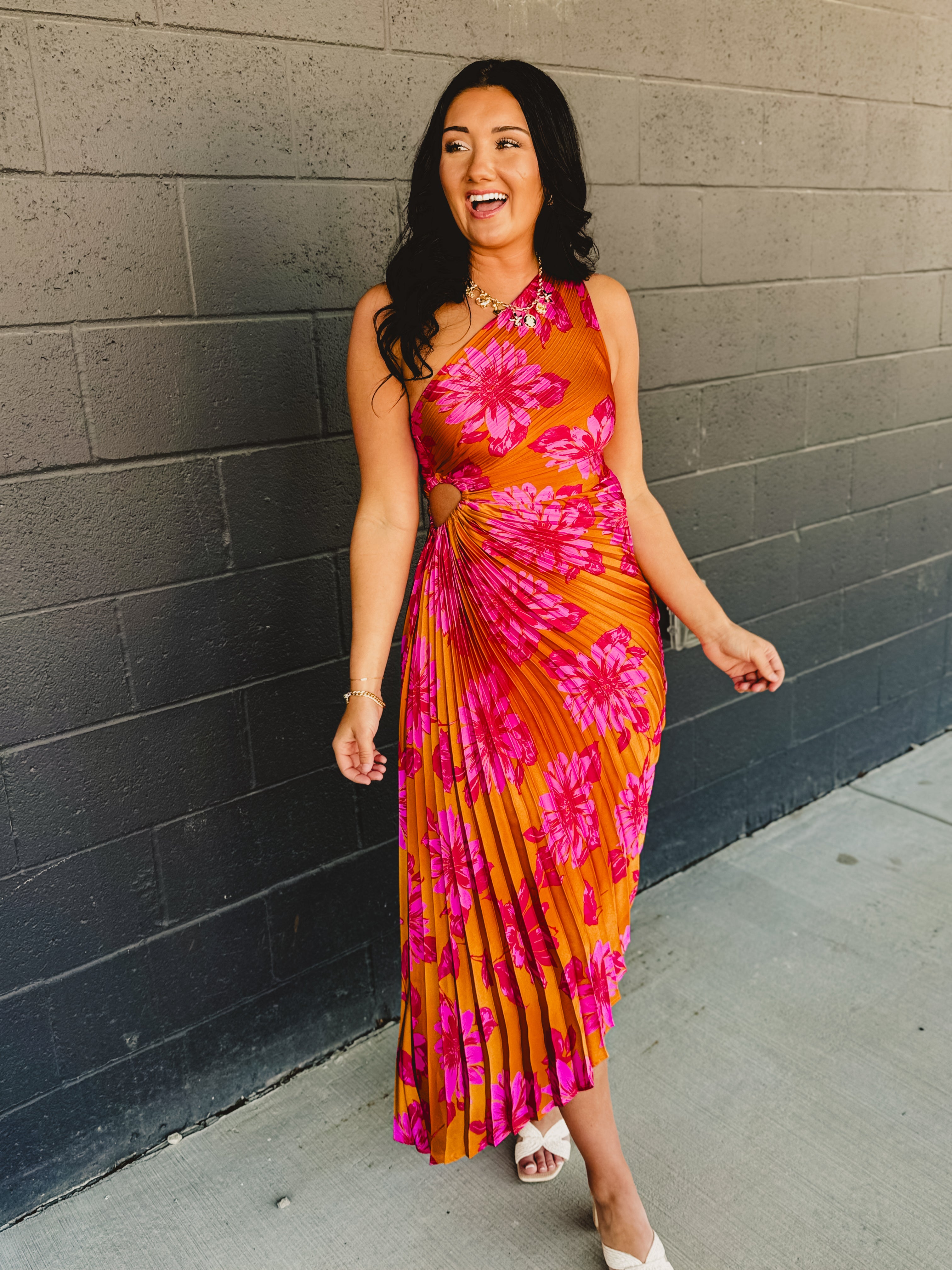 One Shoulder Asymmetrical Pleated Maxi Dress