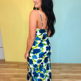 Floral Print Bias-Cut Textured V-Neck Maxi Dress - Blue - Lace and Grace Boutique