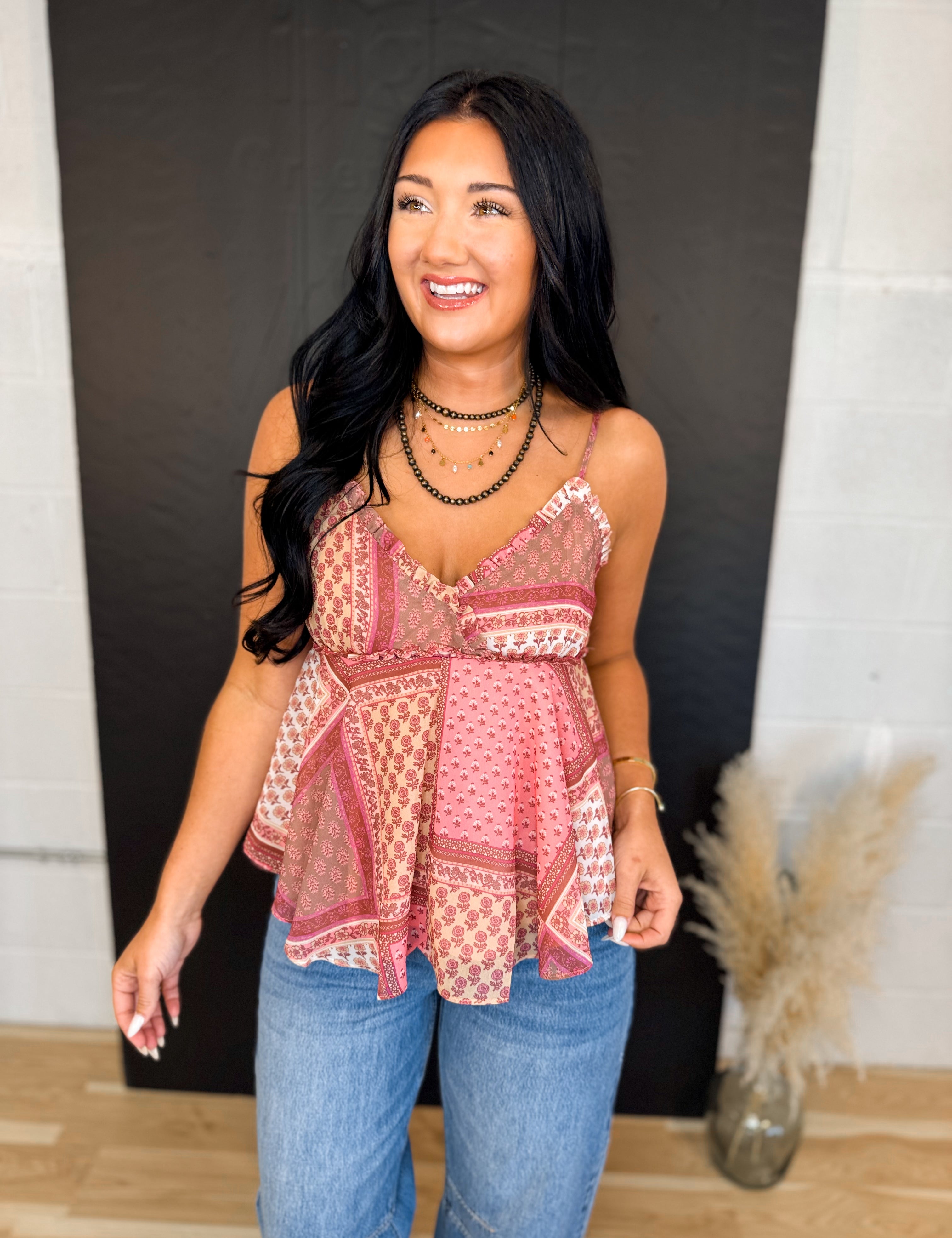 Boho Patchwork Printed Tank Top - Pink Combo - Lace and Grace Boutique