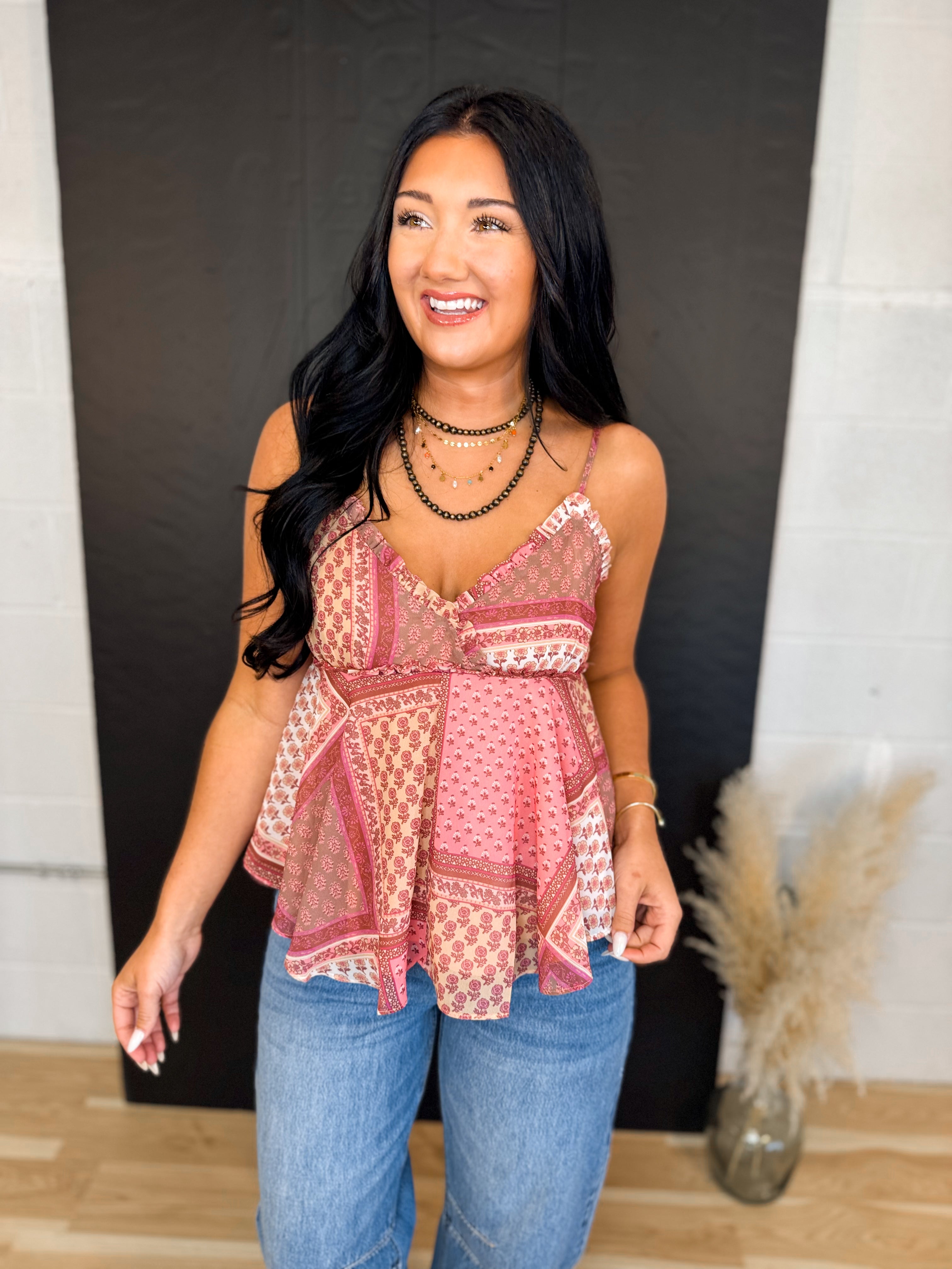 Boho Patchwork Printed Tank Top - Pink Combo - Lace and Grace Boutique