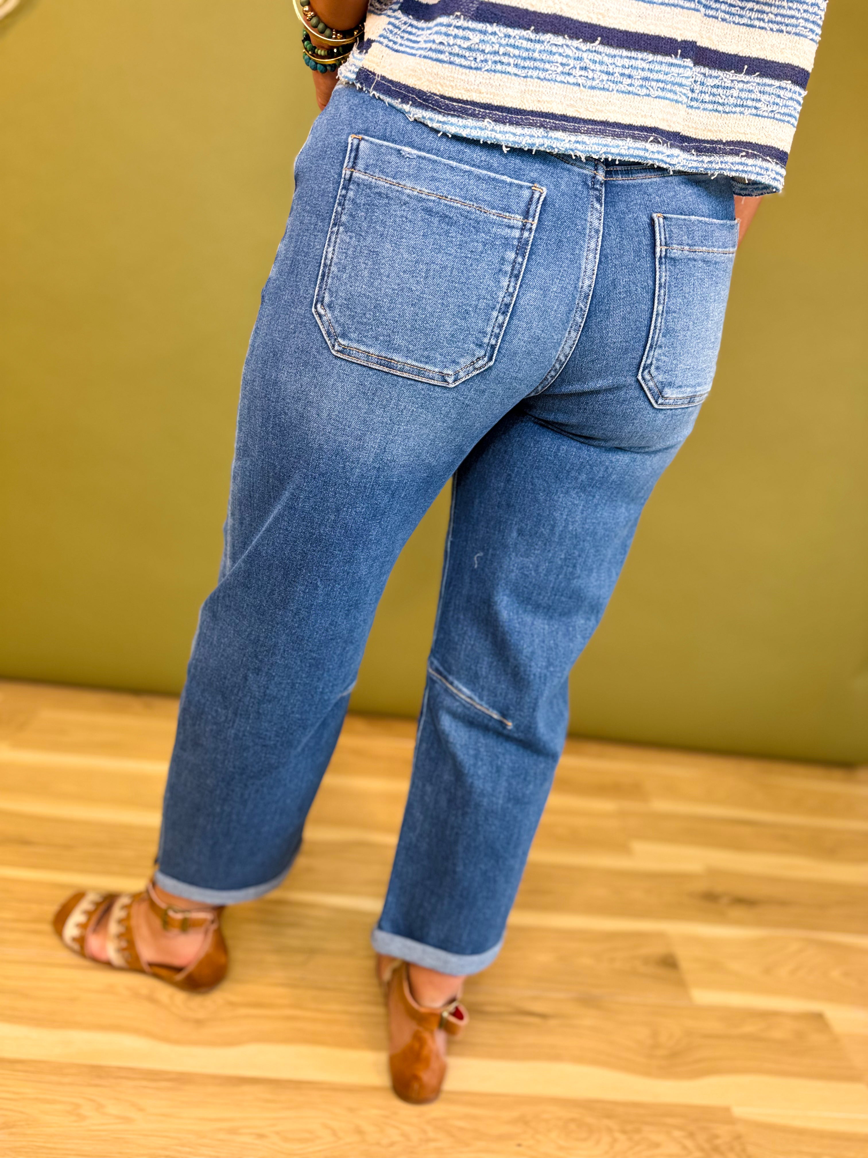 Stretch Denim Cuffed Barrel Leg Jean - Medium - Lace and Grace Boutique