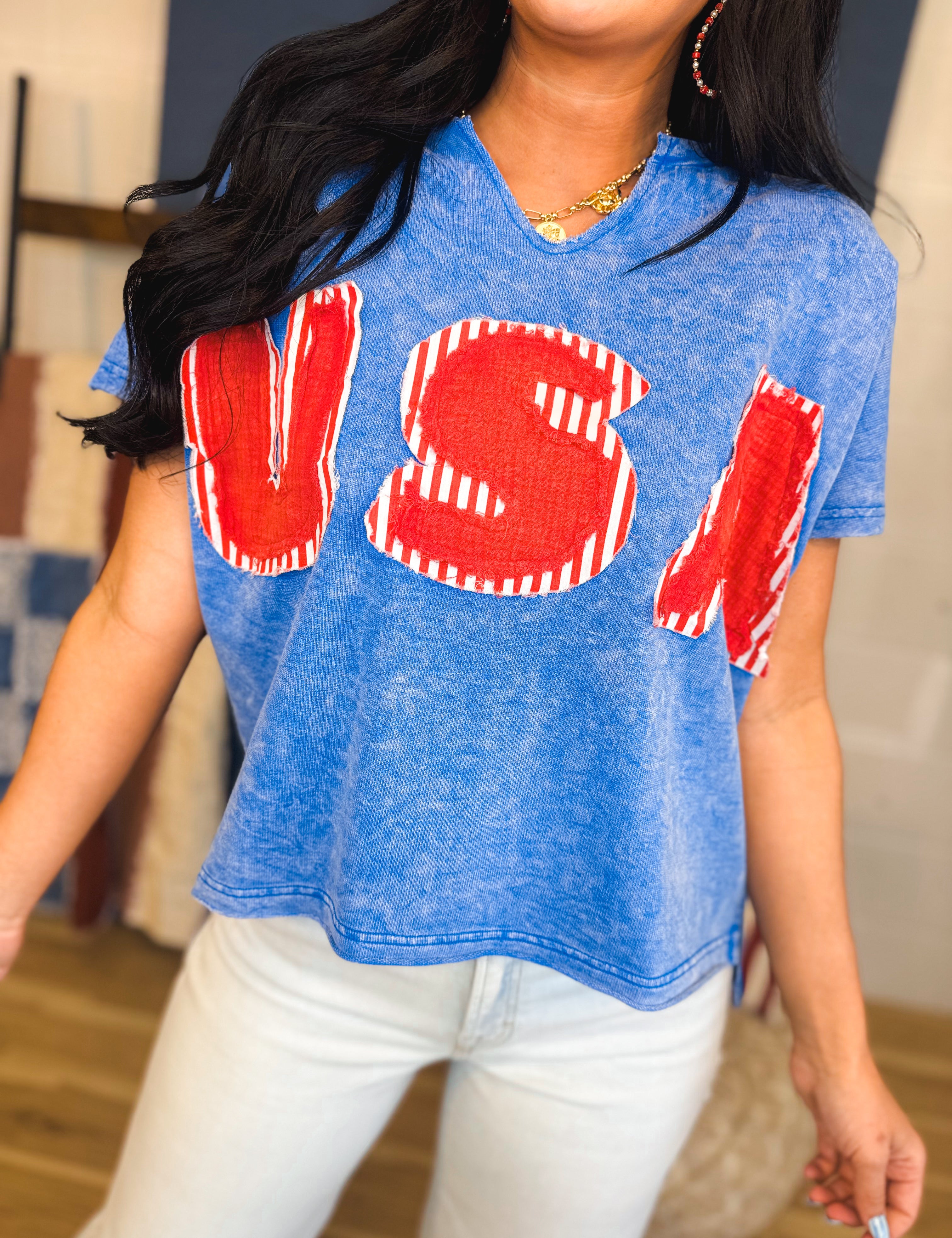 Mineral Washed USA Patch Knit Top - Washed Blue - Lace and Grace Boutique