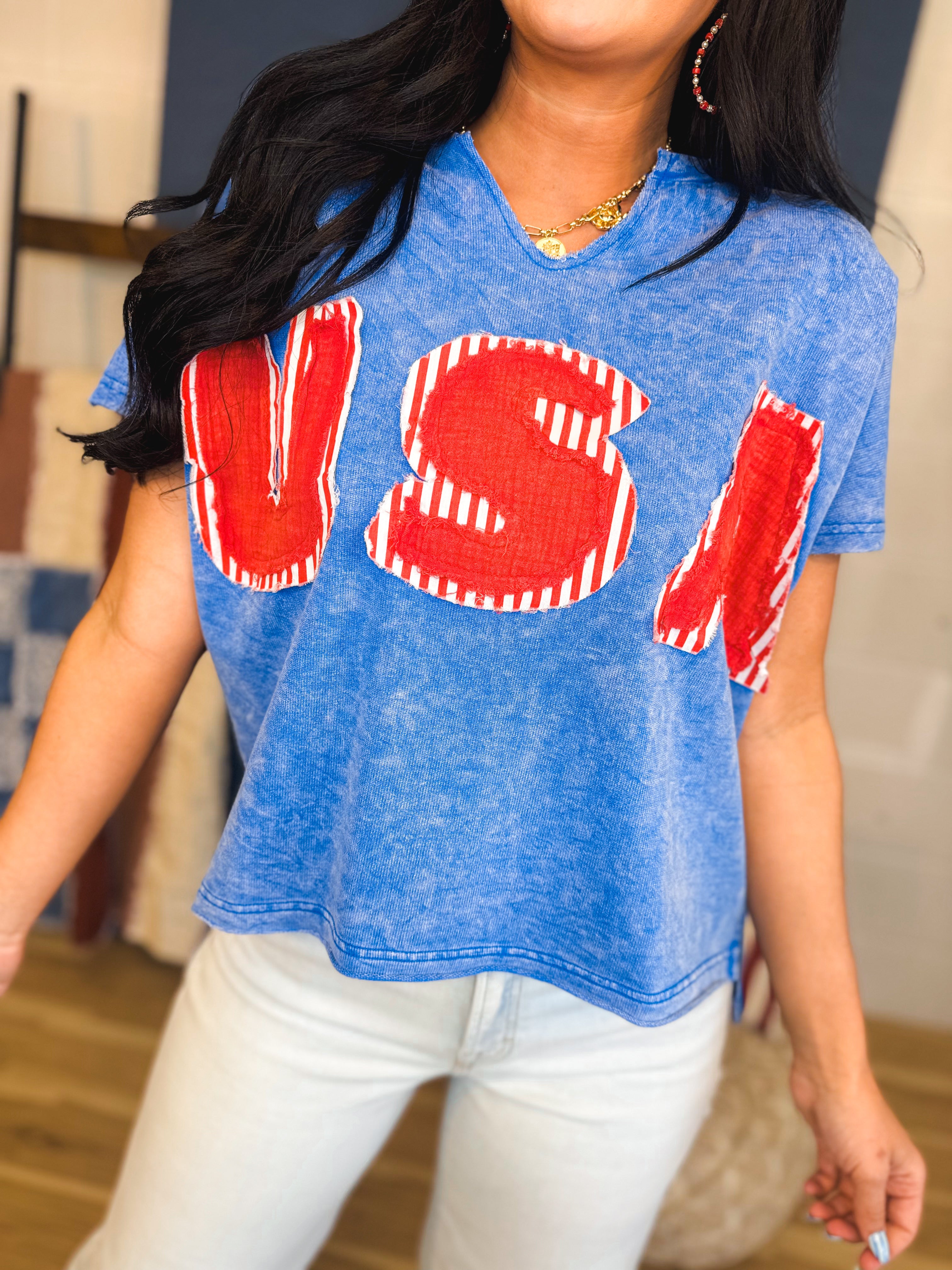 Mineral Washed USA Patch Knit Top - Washed Blue - Lace and Grace Boutique
