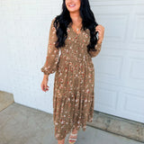 Romantic Floral Smocked Button Down Maxi Dress - Dusted Olive