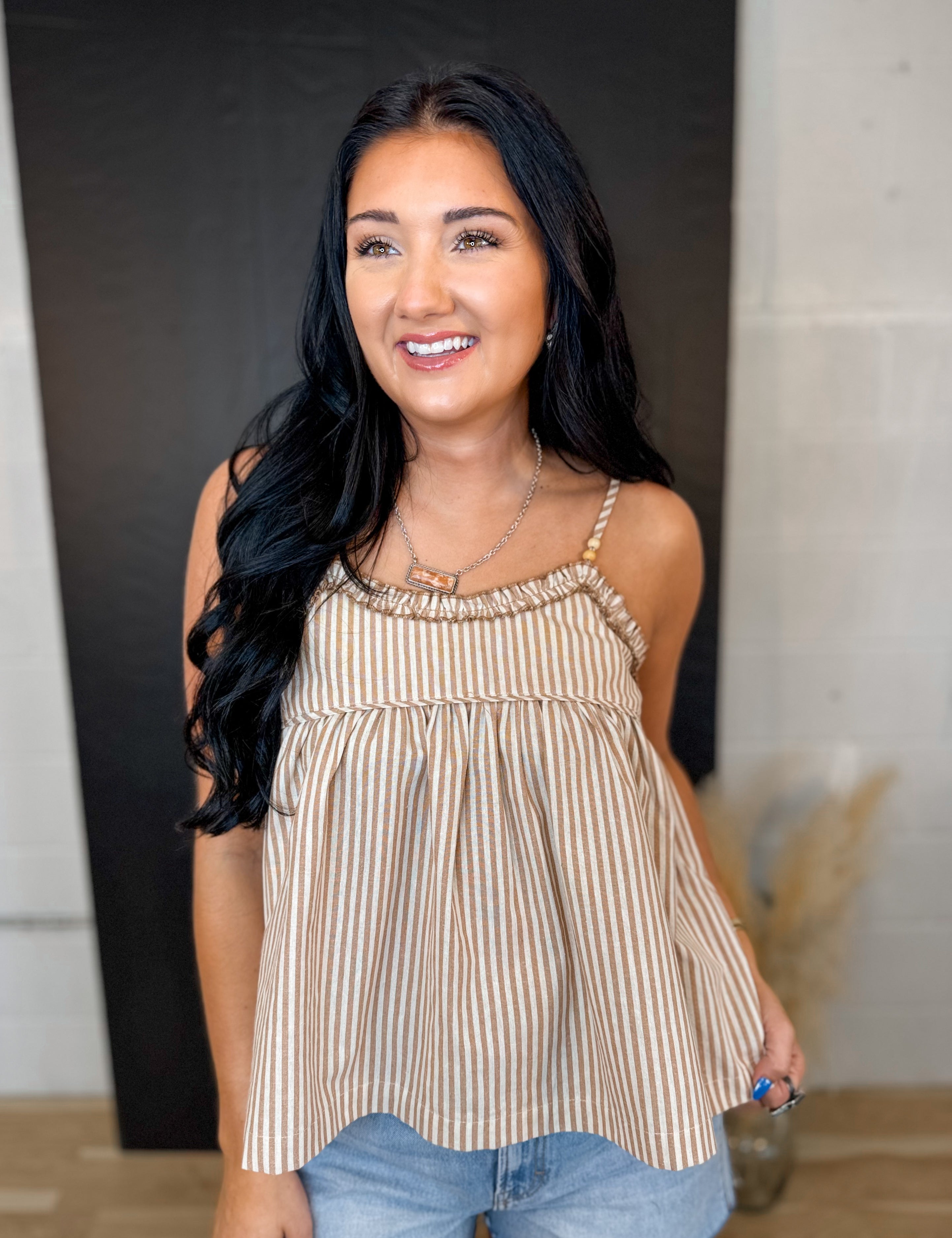 Ruffle Striped Tank Top - Taupe - Lace and Grace Boutique