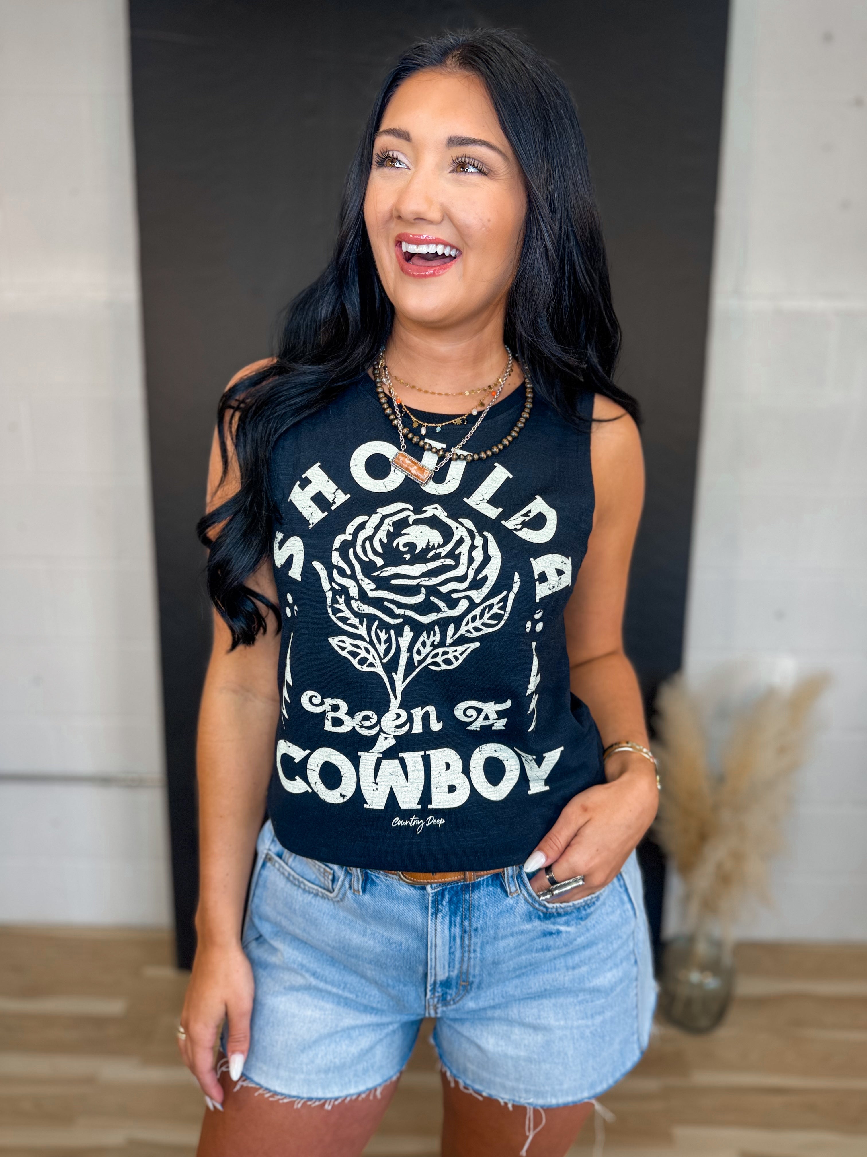 Shoulda Been A Cowboy Muscle Tank Top - Black - Lace and Grace Boutique